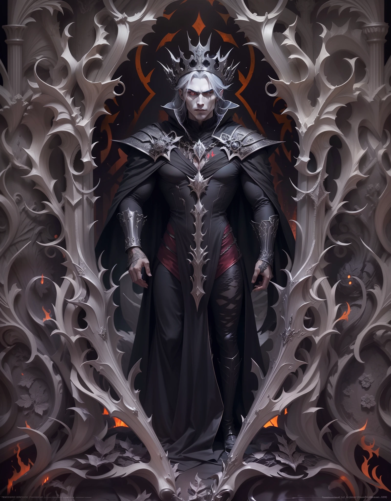 The Vampire King, ember, in the Gothic style, crown, silver, hematites, Velvet, Silk, Evil Look, higly detailed, Symmetrical, properly proportioned, 30 thousand.....