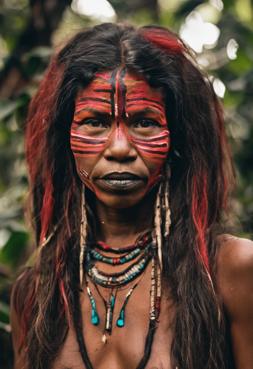 1 mulher tribal, indigena, anatomia perfeita, corpo inteiro, cabelos pretos, olhando para a frente, Amazonian Indian hair,  olhos ocidentais pintados com lista vermelha, seios nus, vestindo somente com a franja Yanomami , usando colares de sementes, com o corpo pintado de urucu.