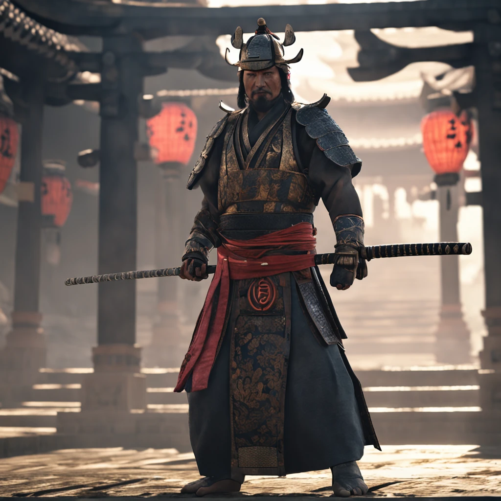 japanese samurai, arte conceitual, Directed by: Kishi Ganku, arte de fantasia, Fundo do templo zen, clean render,  wearing period clothing, detailed bushido form smoke, character is standing, in fighting position, 8k realista, in game render, detalhe detalhado do fundo do rosto, Art Station home page, boi, pseudo - fantasia medieval,  Formidable warrior, tudo contra um escuro, smoky scenery suggestive of a battle scene, lending a sinister aura to your persona