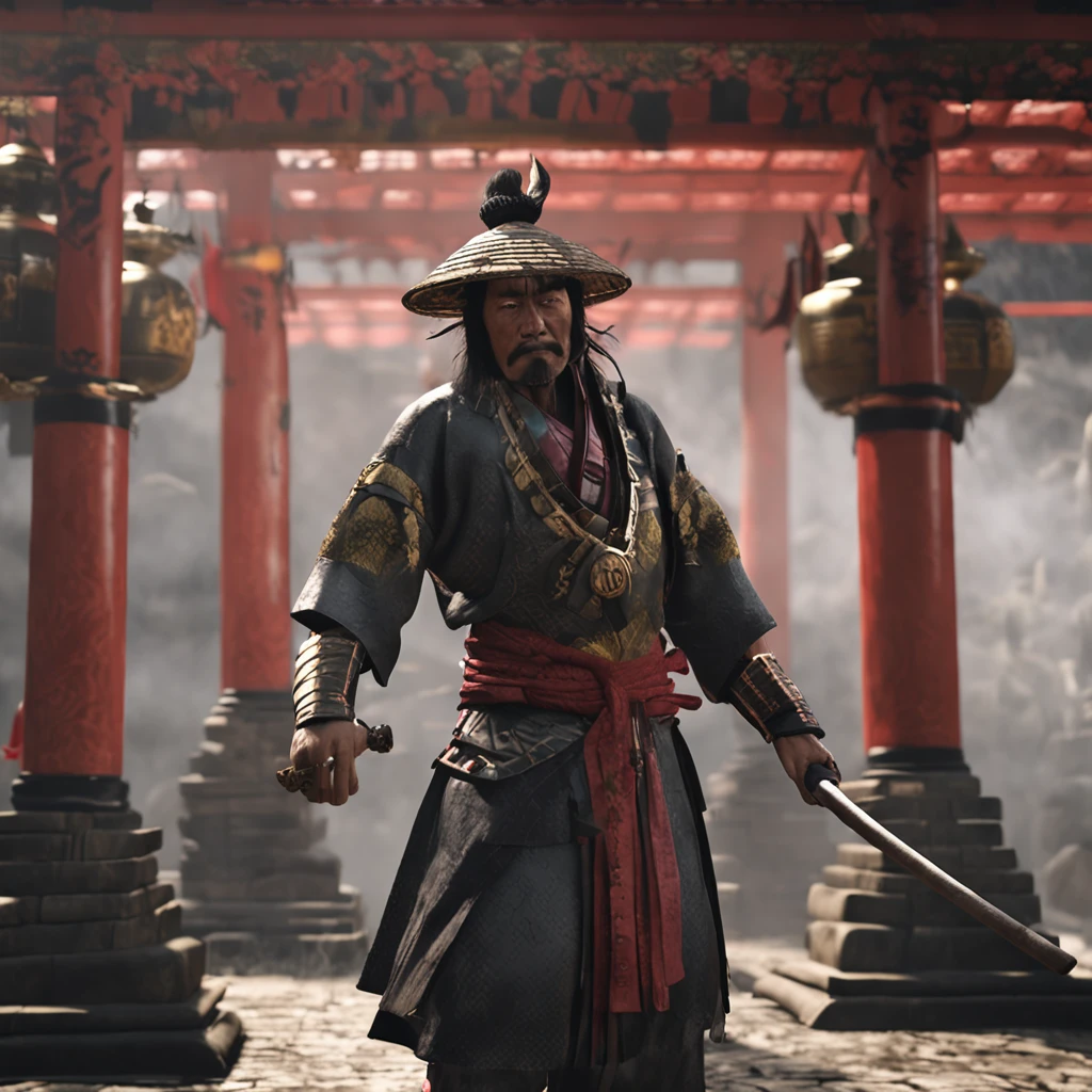 japanese samurai, arte conceitual, Directed by: Kishi Ganku, arte de fantasia, Fundo do templo zen, clean render, wearing period clothing, detailed bushido form smoke, character is standing, in fighting position, 8k realista, in game render, detalhe detalhado do fundo do rosto, Art Station home page, boi, pseudo - fantasia medieval, Formidable warrior, tudo contra um escuro, smoky scenery suggestive of a battle scene, lending a sinister aura to your persona