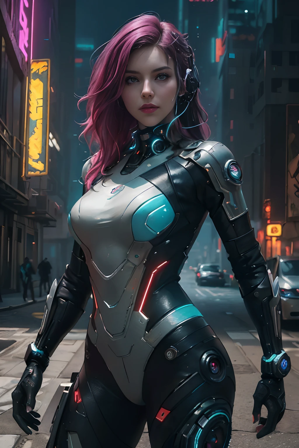 Masterpiece, Best Quality, Girls , Slender, red Eyes, Hair Color, Iridescent, mech body, Long Hair Spreading, cyberpunk guns , White Skin, Medium, Cute, Sexy, Exposed Skin, Night, Psychedelic, Trip, Extreme Color, Paisley Theme,  Legs, , Full Body