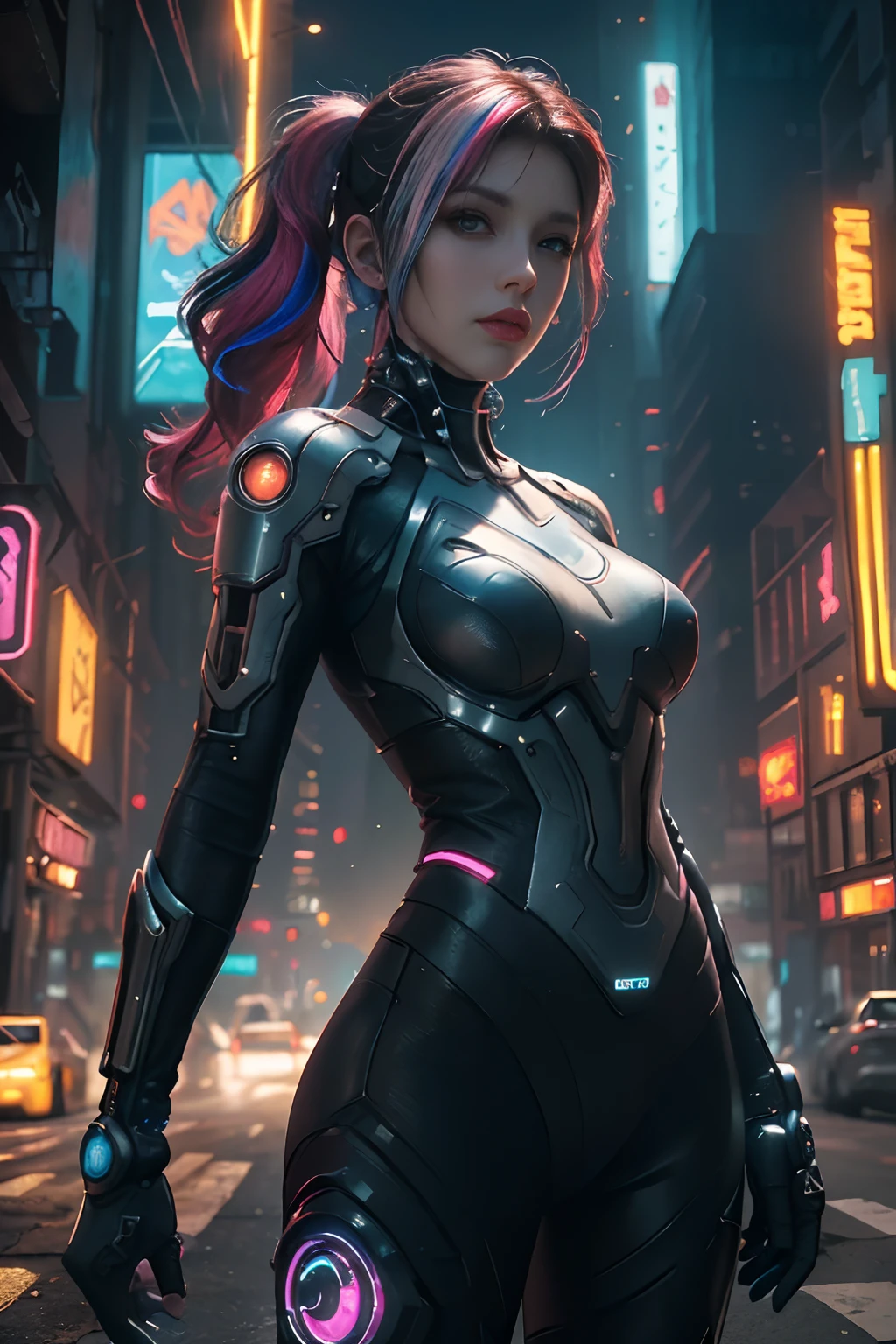 (Photorealistic:1.4) image of a cyber punk girl, (top-quality, 8K, 32K, masterpiece), (dynamic pose), ((facing camera)), (looking at camera), cowboy shot, shapeless hair, colorful hair, colorful cyberpunk clothing, depth of field f/1.8, cyberpunk city background, cinematic lighting.