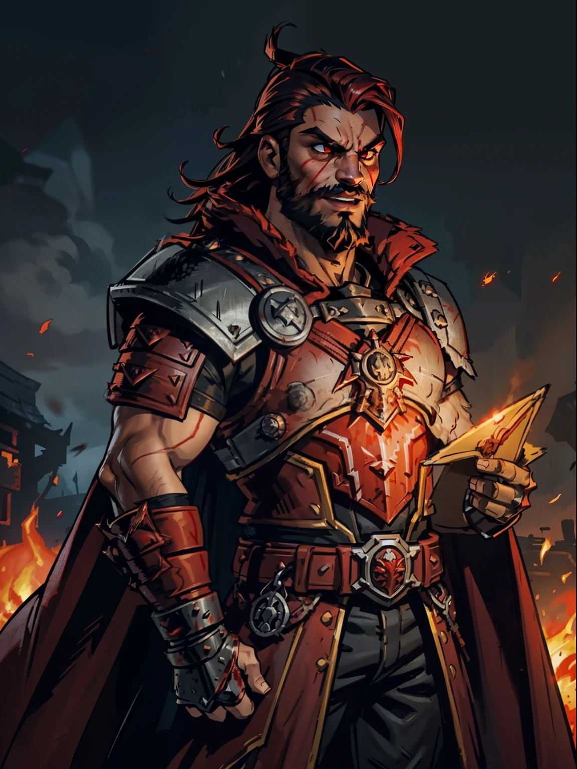 Blood moon background, Darkest Dungeon style, casting fire. Sadurang from Marvel, hunk, buffed physics, short mane hair, mullet, defined face, detailed eyes, short beard, glowing red eyes, dark hair, wily smile, badass, dangerous. Wearing full red armor, ((mail cuirass)), cape of furs.