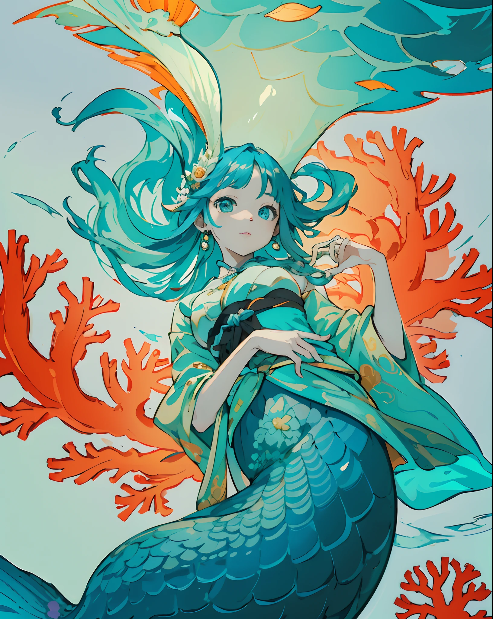 In the deep waters of coral reefs、There is a mermaid who looks like a beautiful woman、Body color is like emerald.、The structure is a half-mermaid、She looked at me from above、I looked at her from below、I hold a pearl in my hands 。wearing Japanese kimono、