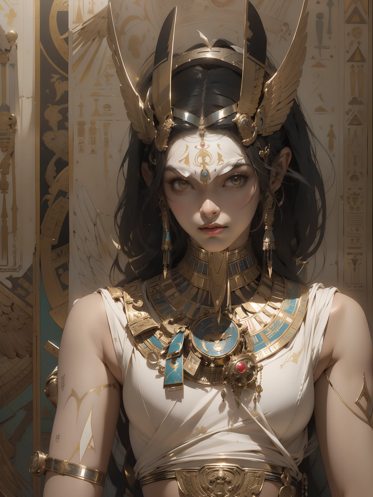 Anubis, ((Best quality)), ((masterpiece)), (detailed: 1.4), crysis nanosuit, square chin, Guweiz-style art, Guweiz, beautiful character painting, Guweiz in Artstation Pixiv, Guweiz in Pixiv ArtStation, beautiful digital art, Wlop Rossdraws, masterpiece Guweiz, (Absurd), ((head adornment that falls in two straps over the shoulders and has the part hanging over the nape of the neck tied in braid,  called nemes)), Thin woman, Egyptian airplane pilot ready for war, perfect body, dark skin, Tutankhamun mask, (((Hemhem crown on head, Style of a triple Atef)))), ((((Khat))), (((defined muscles, half thick bare thighs, closed mouth, only in panties, muscular body covered by technological clothing, Neon Genesis Evangelion style, cyberpunk, ((Sphinx)), (Cleopatra), head covered by an Egyptian ornament in the shape of a golden eagle wing,  ((perfect medium breasts)), (white eyes without pupils), ((black, silver and red clothing)), (((long black straight hair with heavy bangs on the forehead)))), (Egyptian ornaments), ((hieroglyphics on the arms)), short underwear, garter belt, by mucha, niji --V5, close to the real, psychopath, crazy face, sexy pose, background with a sphinx, 2 pieces clothing, pastel, centered, scale to fit the dimensions,  HDR (High Dynamic Range),Ray Tracing,NVIDIA RTX,Super-Resolution,Unreal 5,Subsurface Dispersion, PBR Texture, Post-processing, Anisotropic filtering, Depth of field, Maximum clarity and sharpness, Multilayer textures, Albedo and specular maps, Surface shading, Accurate simulation of light-material interaction, Perfect proportions, Octane Render, Two-tone lighting, Wide aperture, Low ISO, White balance, Rule of thirds,  8K RAW