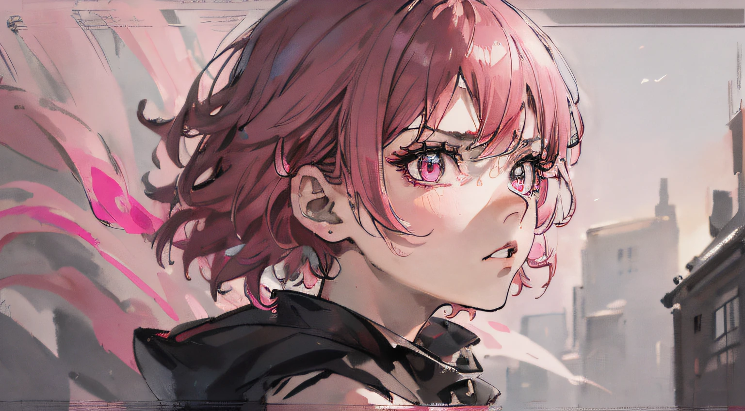 1girl, short pink hair, pink eyes, wearing black dress, absurdres, high res, ultrasharp, 4K, masterpiece, looking at viewer , sharp face , serious face