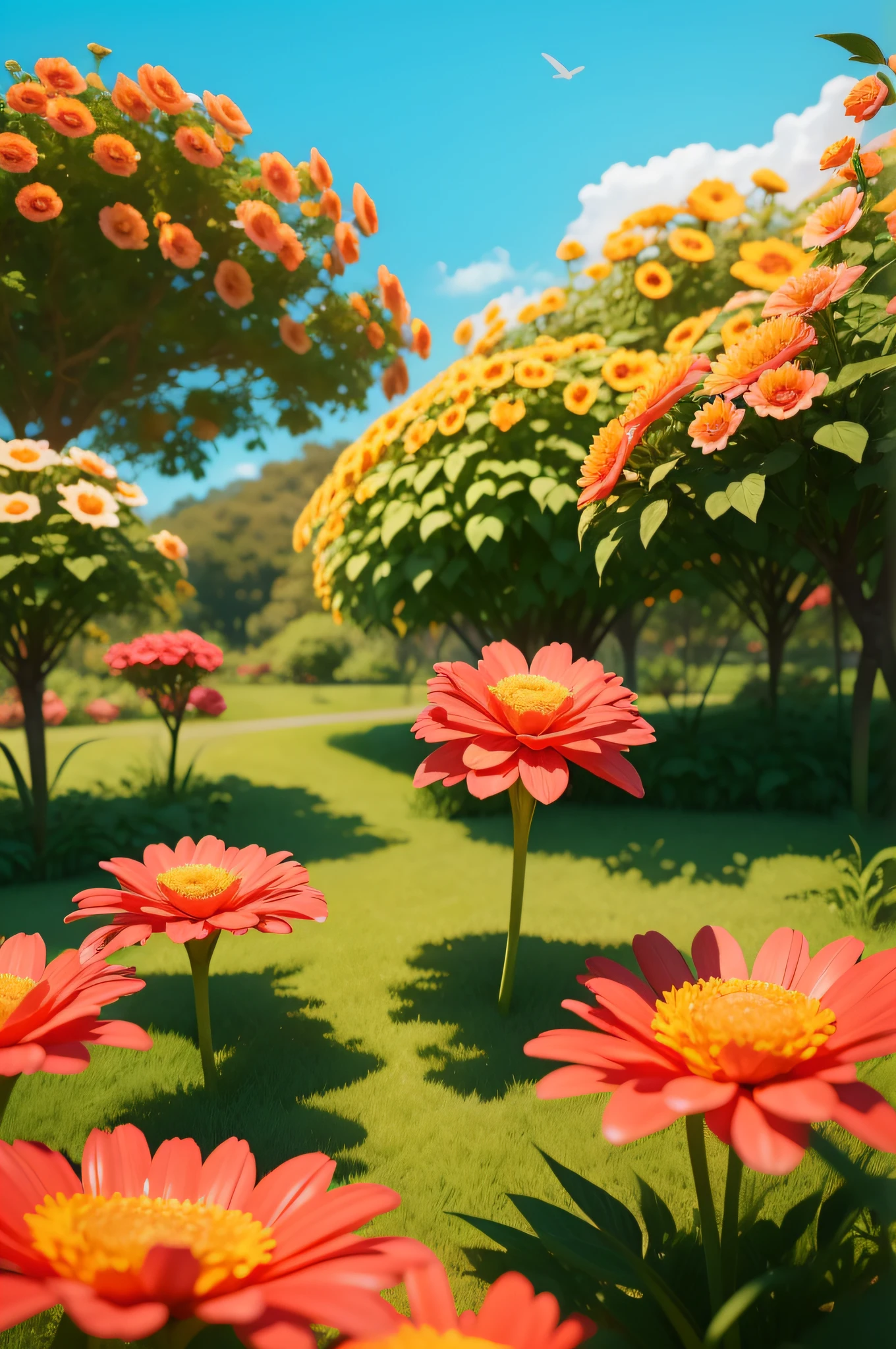 crie um grande e belo jardim cheio de rosas vermelhas e amarelas, imagem a luz do dia com o sol de fundo, imagem cheia de detalhes, Ultra realistic in high resolution 8K