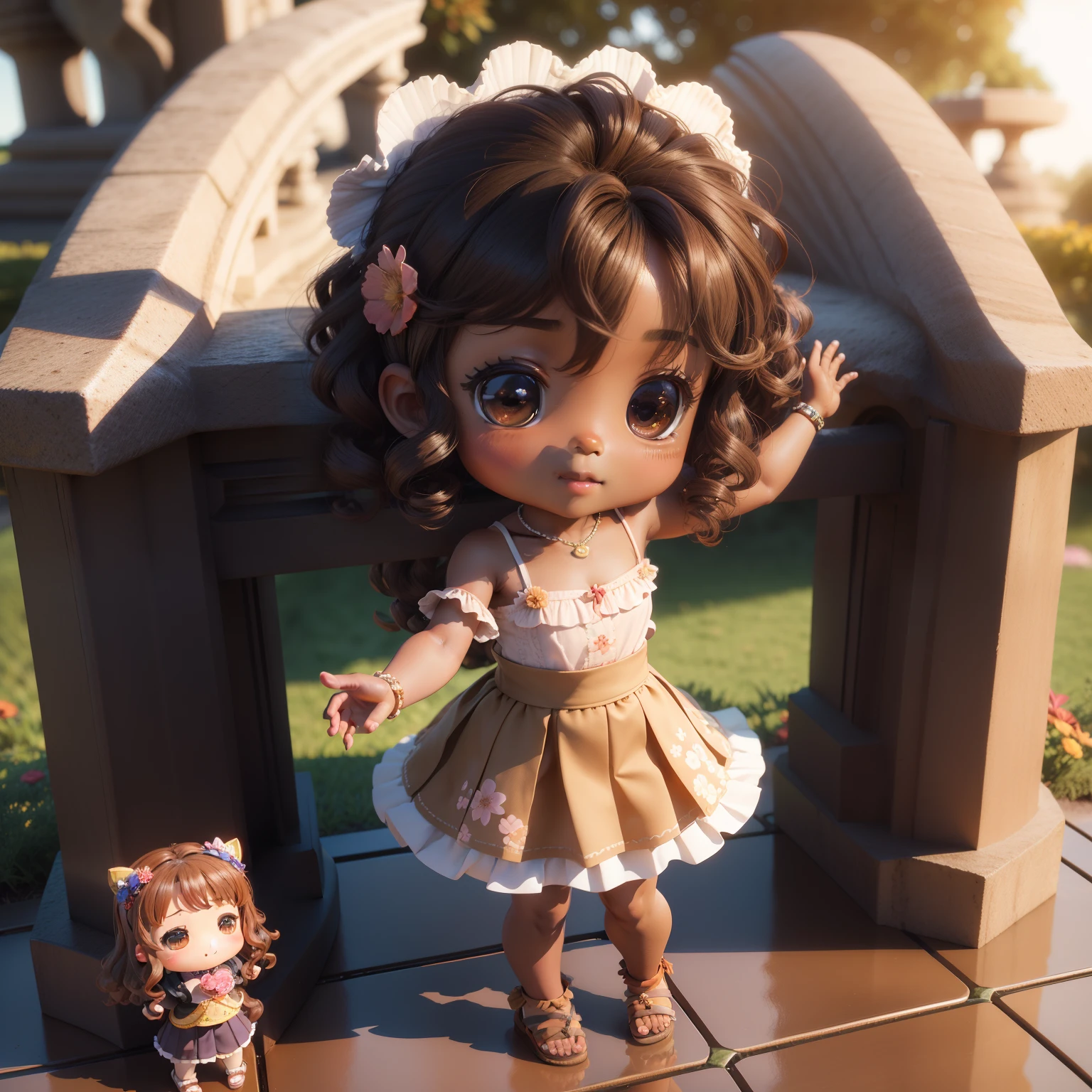 Sea Artbot
(((Chibi 3D))) (Best Quality) (Master Price) Cute dark brown skin chibi anime,Curly Sauvage Hairstyles with Brown Hair,A smile,With a camisole with plenty of frills(Floral Pleated Skirt:1.2),Knitted sandals,The background is the Royal Botanic Gardens in autumn, Heart-shaped monument in both hands