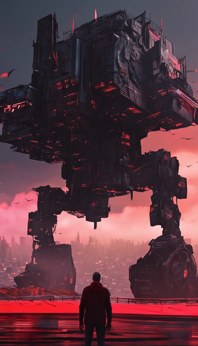 cyberpunk em um casaco preto,olhos de cor vermelha,Bats fly around,red skies,Castelos