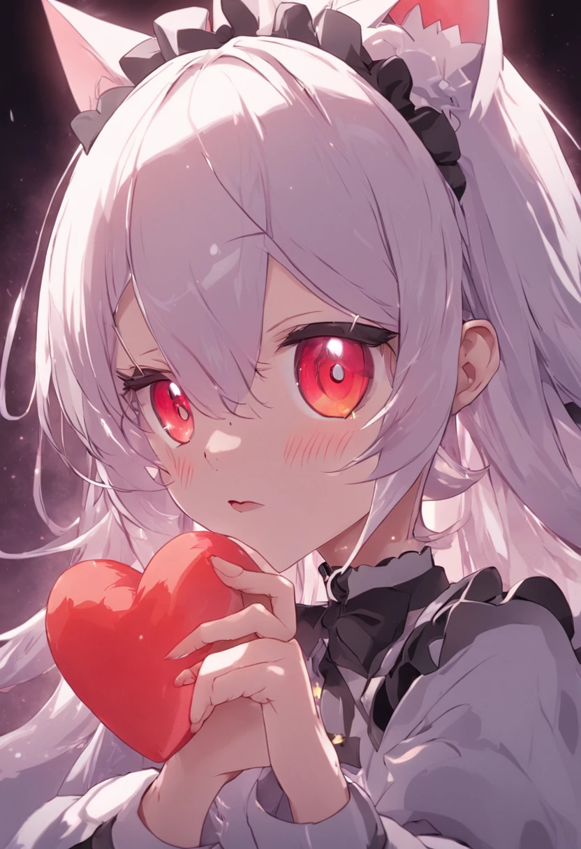 white hair, ahoge, heart ahoge, halo, maid headdress, heart-shaped pupils, gradient eyes, devil pupils, red eyes, cat ears, kemonomimi mode, shy, bright pupils, full blush, moaning, tsundere, torogao, anime style, UHD, retina, masterpiece, ccurate, anatomically correct, textured skin, super detail, high details, high quality, award winning, best quality, highres, highres, 16k