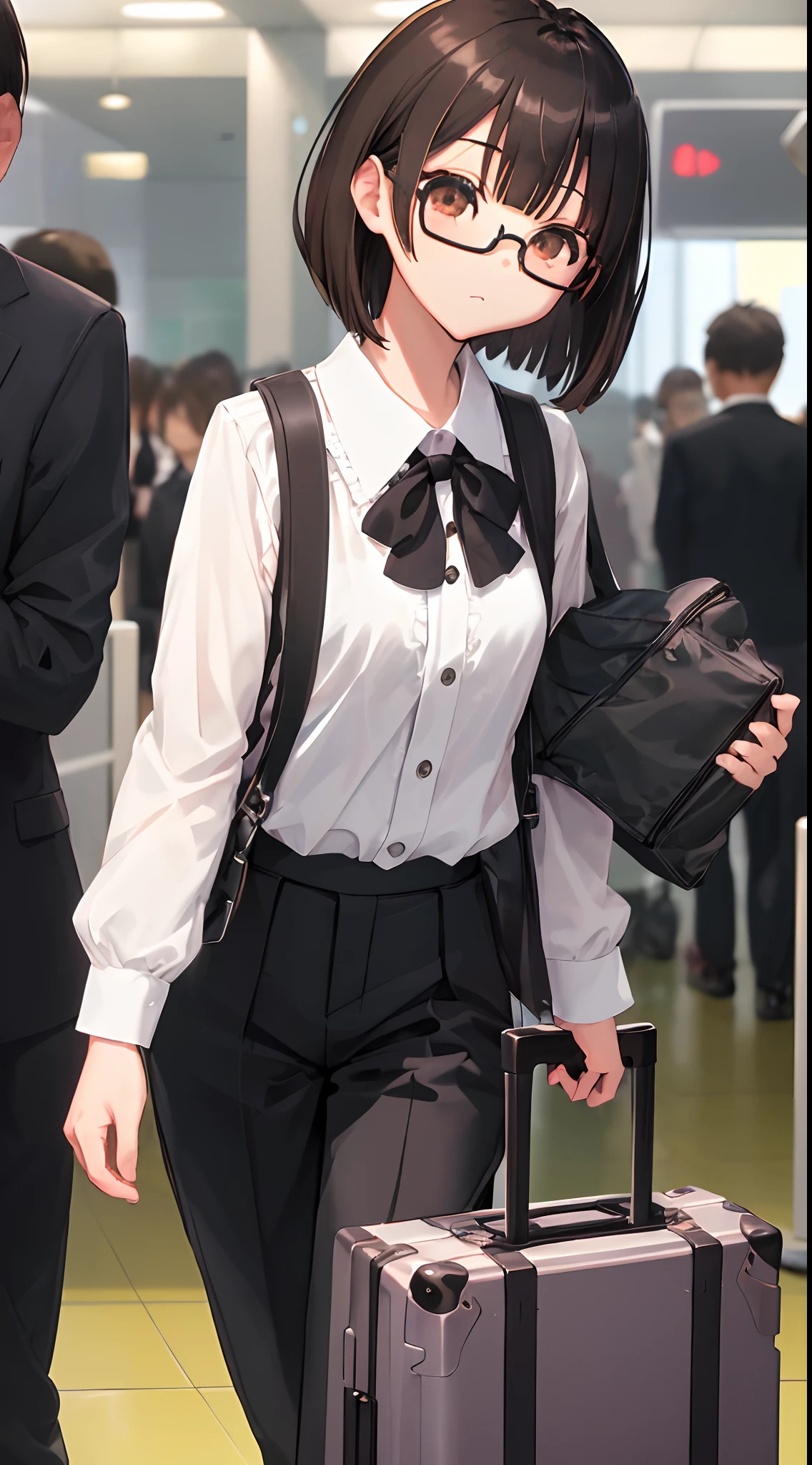(masutepiece, Best Quality, Capture super cute moments, depth of fields, ultra-detailliert, Ultra High Resolution, C4D, Octadale, 3D Modeling, 8K, 16 K, one girls、a junior high school student、A dark-haired、short-hair、straight haired、Light brown eyes、hair adornments、wearing black glasses、kawaii faces)、White lace blouse、Black pants、airport、Planes、suitcase
