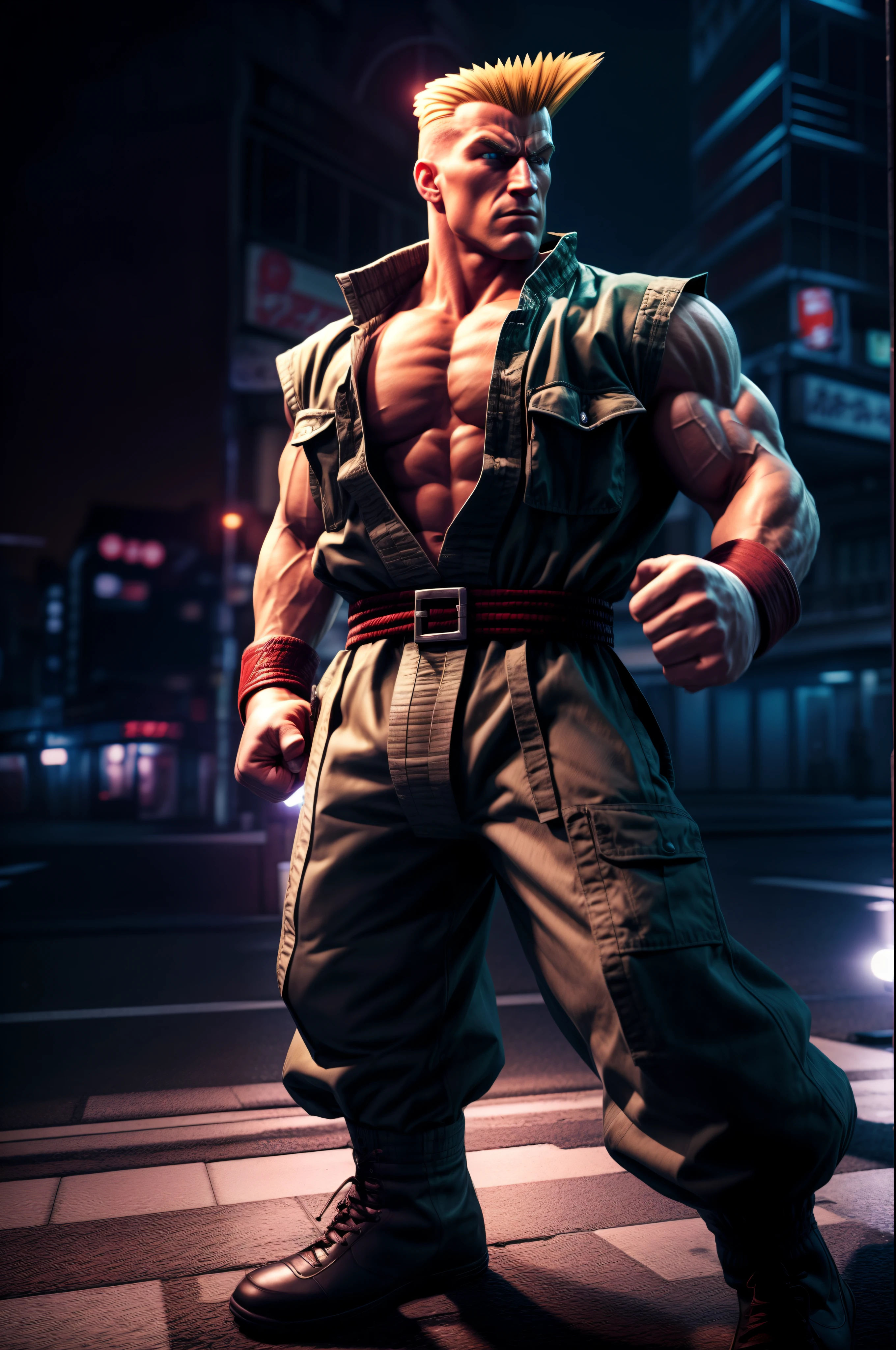 Guile from (street fighter) video game, standing downtown Tokyo at night in a fighter pose, realism, crystal clear, micro-details, photorealism, photorealistic, cinematic light