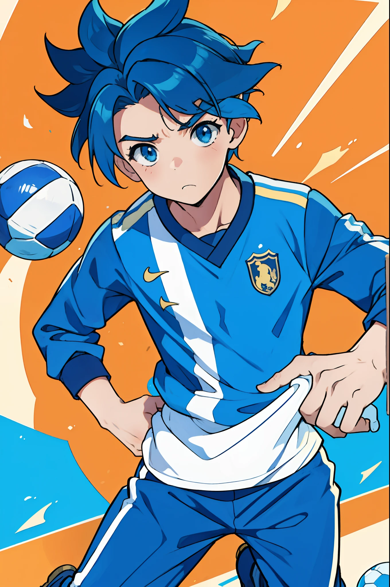 (1boy,masculino) cabelo azul, uniforme de futebol ,chutando uma bola