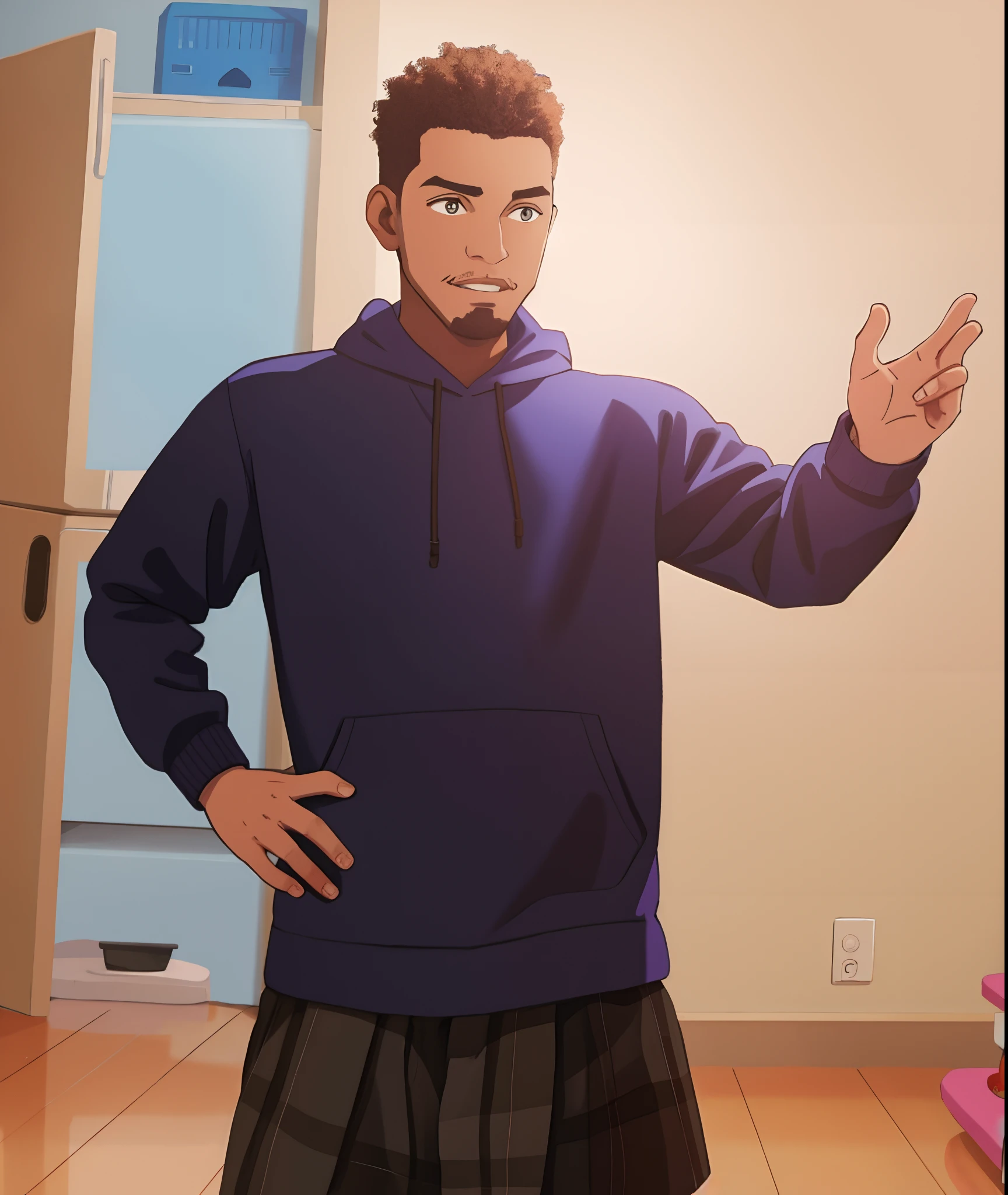 turn this photo to cartoon style, black man, blue hoodie