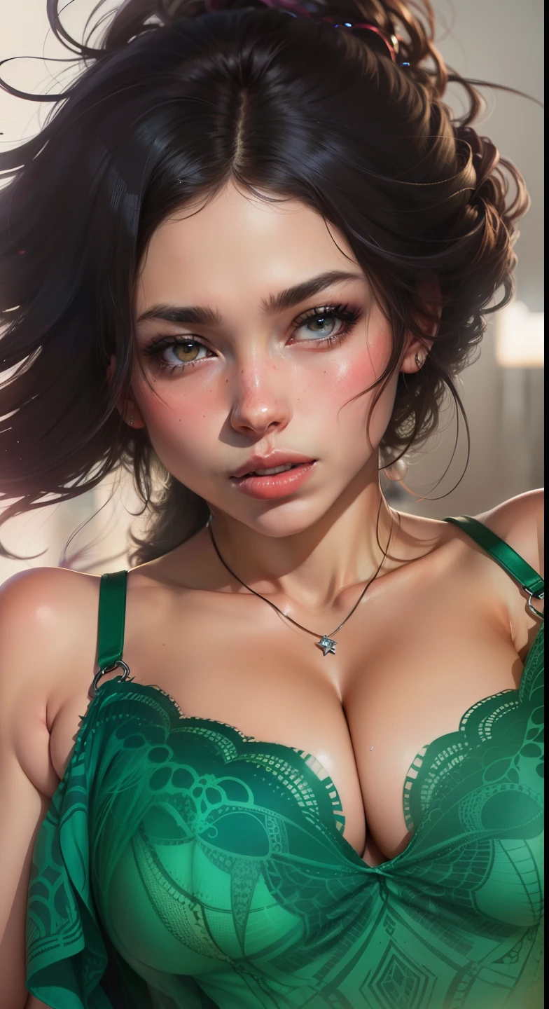 centrada, visual chave, intrincado, altamente detalhado, breathtaking beauty, lineart preciso, vibrante, Comprehensive cinematic, Carne Griffiths, Conrad Roset, (o retrato mais bonito do mundo:1.5), rosto liso detalhado, big lips detailed pink, olhos verdes detalhados, sexy sensual expression