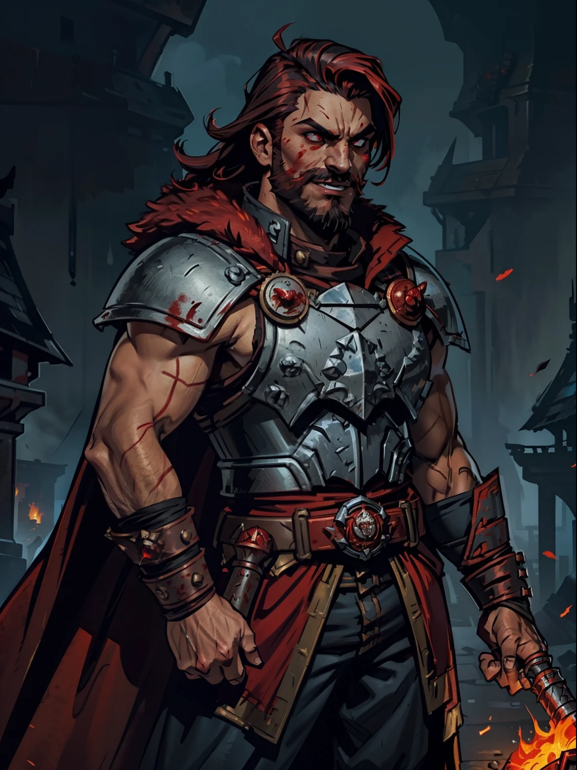 Blood moon background, Darkest Dungeon style, casting fire. Sadurang from Marvel, hunk, buffed physics, short mane hair, mullet, defined face, detailed eyes, short beard, glowing red eyes, dark hair, wily smile, badass, dangerous. Wearing full red armor, ((mail cuirass)), cape of furs.