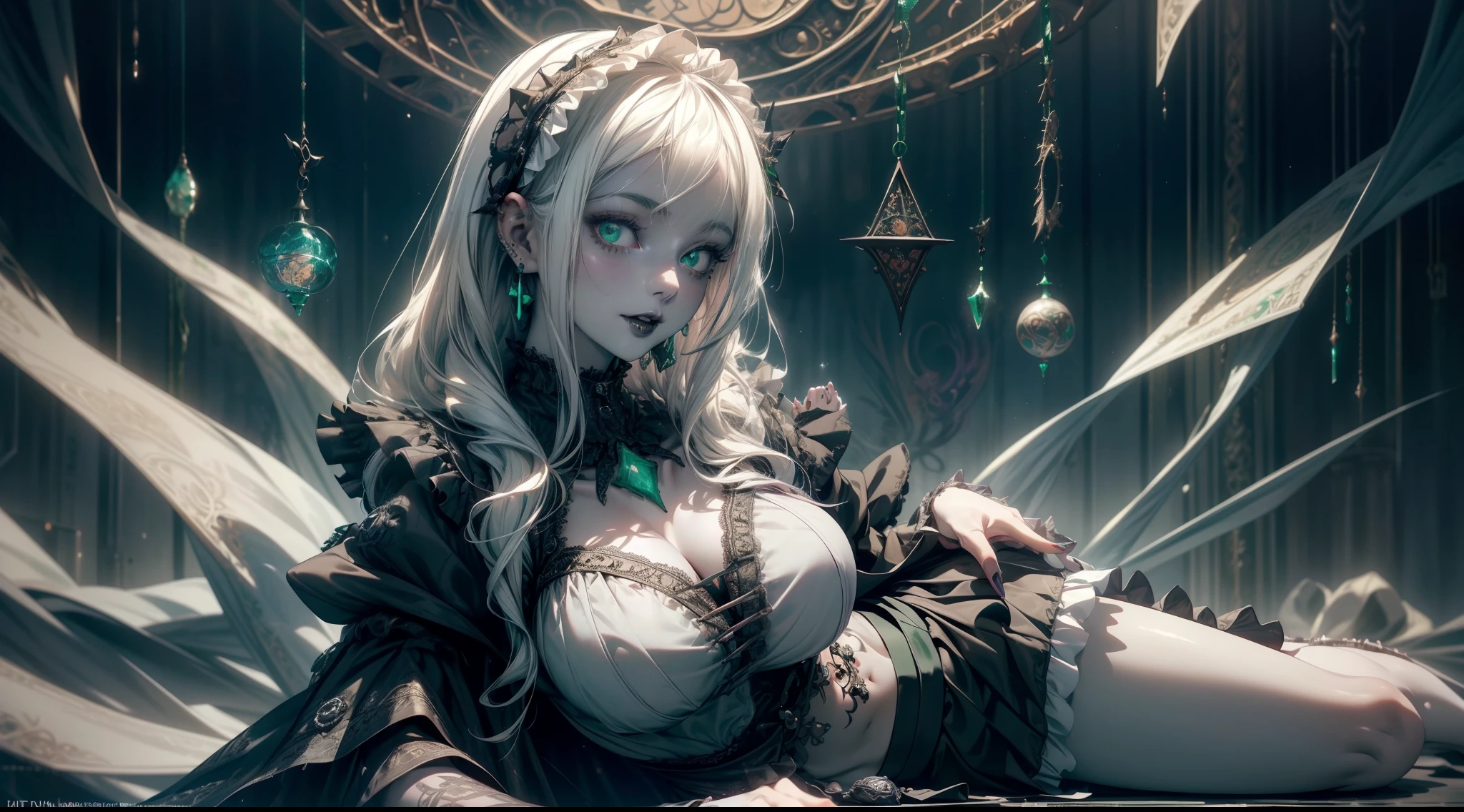 Official Art, Unity 8k wallpaper, super detailed, beautiful, beautiful, masterpiece, best quality,
darkness, atmosphere, mystery, romanticism, creepy, literature, art, fashion, victorian, decoration, intricacies, ironwork, lace, contemplation, emotional depth, supernatural,(((Dark magical energy surrounds her))),((magic power surrounded:1.3)),(((dark light surrounds her:1.5))),Dark Religious Tattoos,dark magic ceremony,be wreathed in mist,Crows flying around her,
1woman,dark light,,pray,arrogant,Olive green hair,braided hair,poker face,glowing body,dark crown,black eye shadow,gigantic breasts,black lips,solo, neck,bust portrait,Red Lotus,side shot