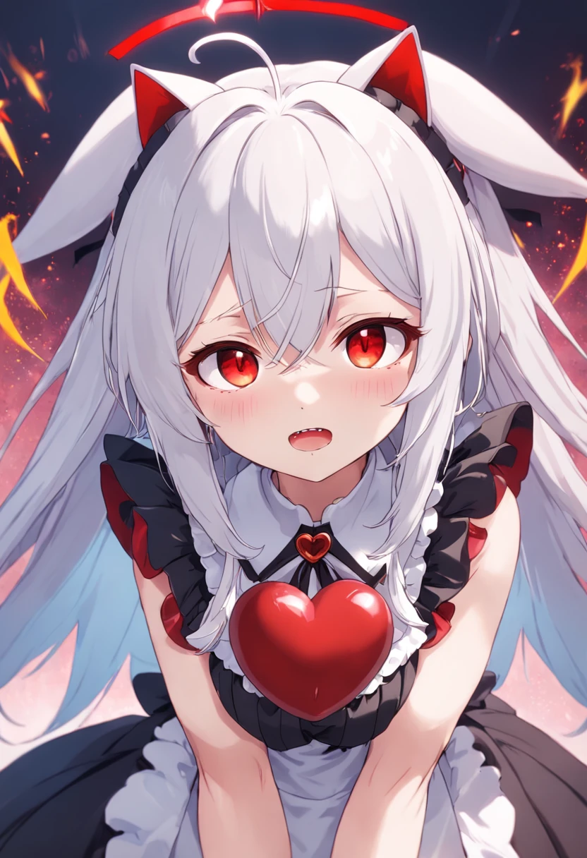 White hair, ahoge, heart ahoge, Halo, maid headdress, Heart-shaped pupils, Gradient eyes, devil pupils, Red eyes, Cat ears, kemonomimi mode, Shy, Bright pupils, full blush, Moaning, Tsundere, torogao, Anime style, hyper HD, retinas, Masterpiece, ccurate, Anatomically correct, Textured skin, Super detail, High details, High quality, Award-Awarded, Best quality, A high resolution, A high resolution, 16k