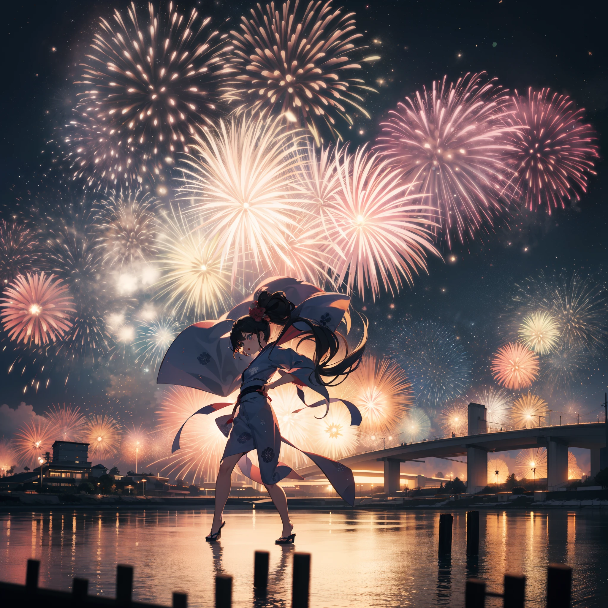 Chibi:1.8,Kimono,Girl in Yukata,Blowing in the wind,Summer Festivals,natta,food stand,Spirit Stream,Big  Fireworks:1.7,Fireworks in the night sky:1.8,poney Tail,action:1.6,dynamic pose,dynamic angle,ground-level shot,low angle,full body shot,long shot,(masutepiece: 1.3), (exquisite detailing: 1.2), Delicate and beautiful details, (Eye Detail), (Facial Detailed), (Highest Quality) :1.4), (Hyper-Resolution: 1.2), (very detailed illustration),Best Quality,depth of fields, Wide light, natural shadows