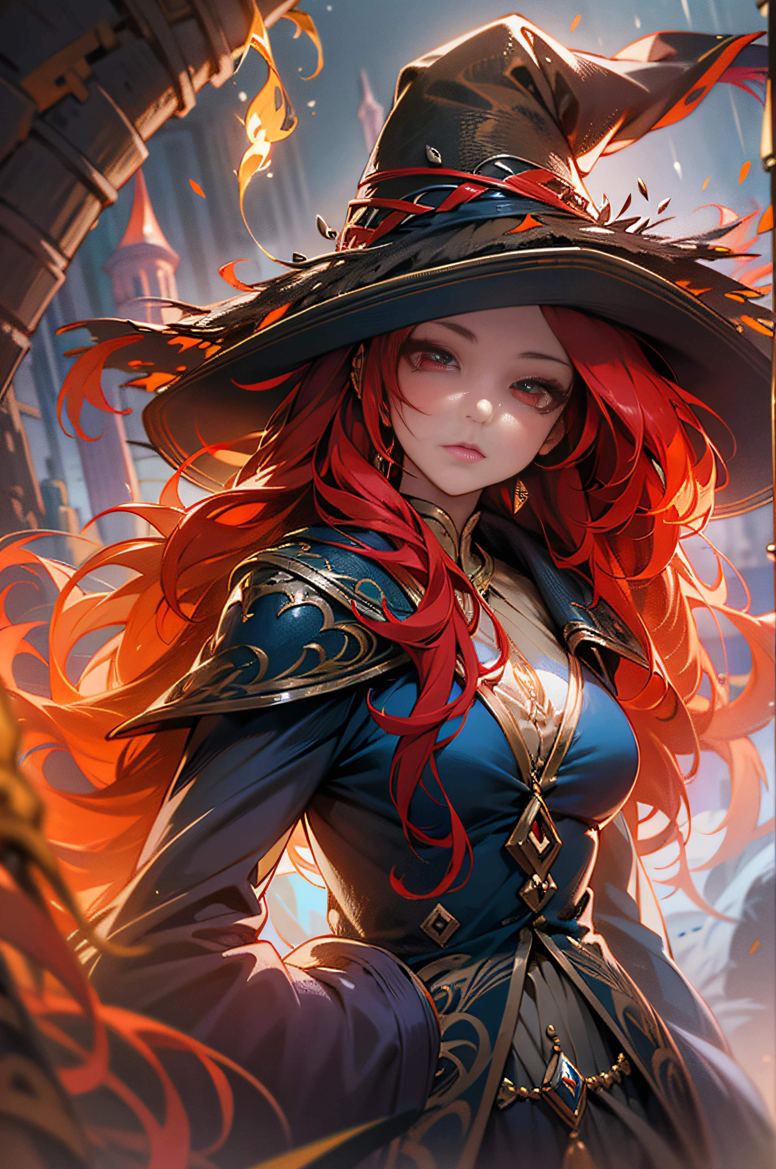 In this picture, a stunningly beautiful girl captivates the viewer. With her long red hair flowing like fire, and her piercing red eyes, she exuded an air of mystery and fascination. A wizard's hat sits atop her head, adding an element of charm to her look. The juxtaposition of her bright features and her mystical hat creates a truly mesmerizing sight. show the whole body, put on the wizard's robe