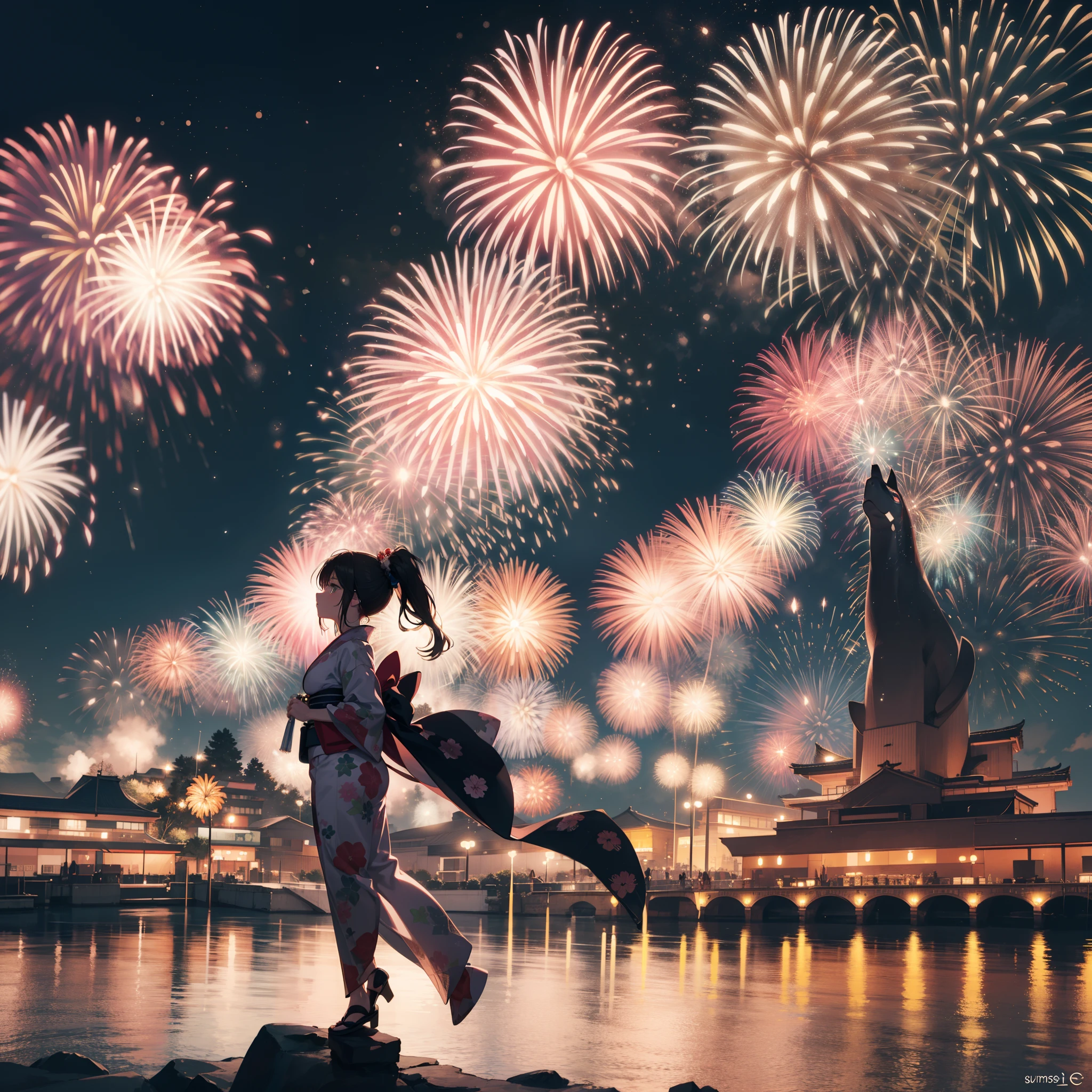 Chibi:1.8,Kimono,Girl in Yukata,Blowing in the wind,Summer Festivals,natta,food stand,Spirit Stream,Big  Fireworks:1.7,Fireworks in the night sky:1.8,poney Tail,action:1.6,dynamic pose,dynamic angle,ground-level shot,low angle,full body shot,long shot,(masutepiece: 1.3), (exquisite detailing: 1.2), Delicate and beautiful details, (Eye Detail), (Facial Detailed), (Highest Quality) :1.4), (Hyper-Resolution: 1.2), (very detailed illustration),Best Quality,depth of fields, Wide light, natural shadows