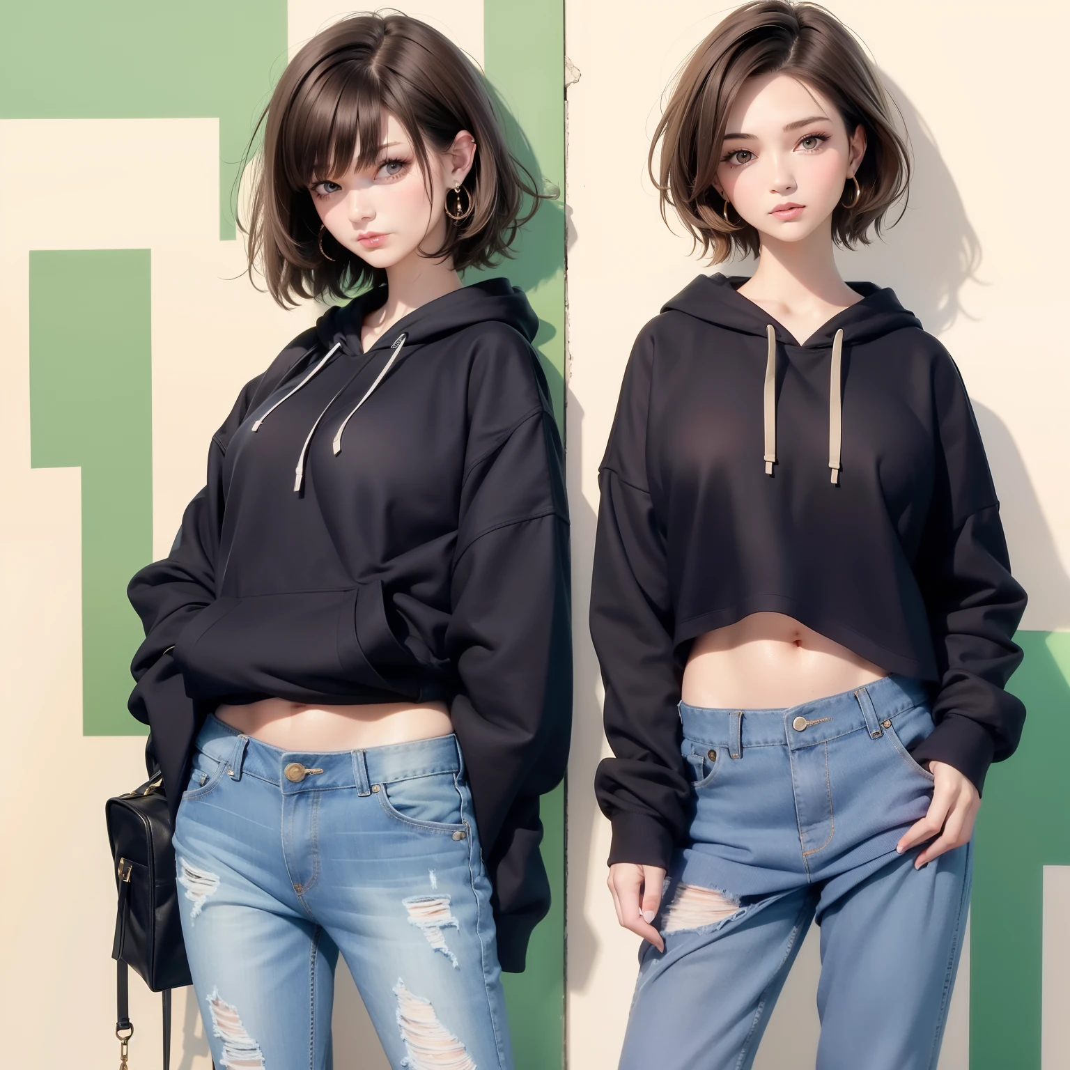 Short hair, masterpiece, big boobies,short jeans, hoodie