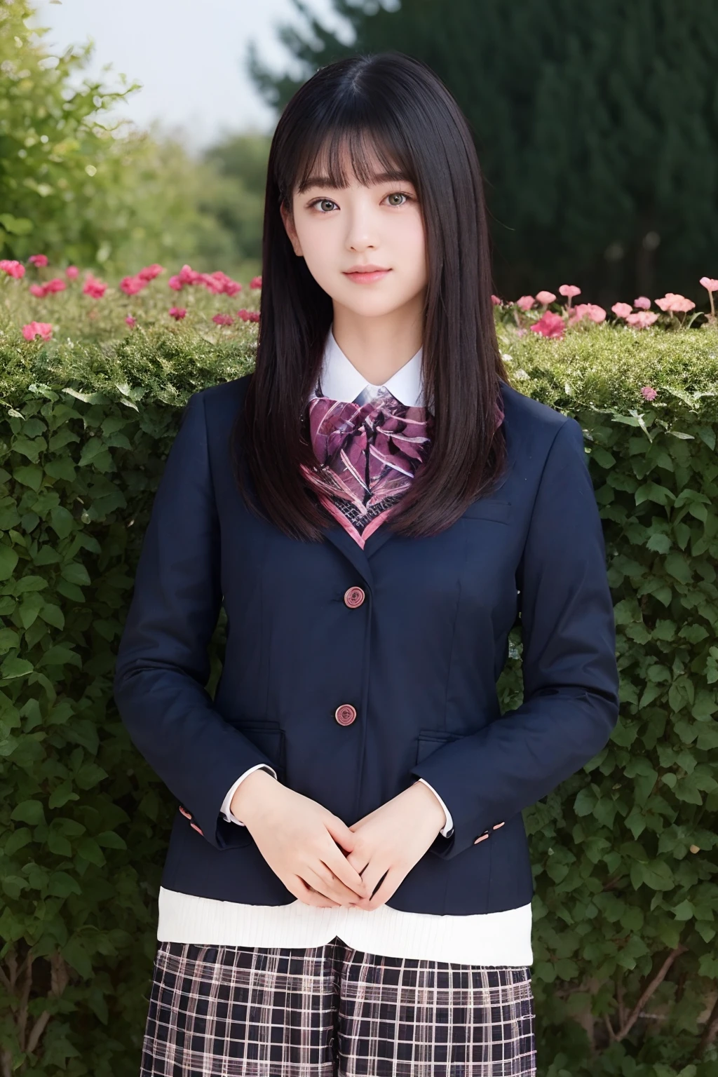 masterpiece, best quality, 1girl, nogizaka_costume, cowboy shot, thighs, 25 year old, flowers, many small petals, garden, blue sky, looking at viewer, small waist, official art, raw photo, incredibly absurdres, facelight, dynamic lighting, cinematic lighting, ultra realistic, highres, photography, sharp focus, highest detailed, extreme detailed, ultra detailed, finely detail, extremely detailed eyes and face