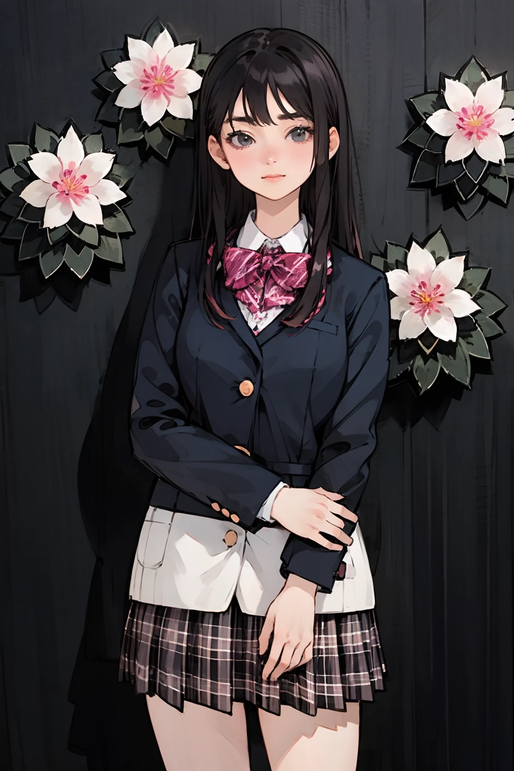 masterpiece, best quality, 1girl, nogizaka_costume, cowboy shot, thighs, 25 year old, flowers, many small petals, garden, blue sky, looking at viewer, small waist, official art, raw photo, incredibly absurdres, facelight, dynamic lighting, cinematic lighting, ultra realistic, highres, photography, sharp focus, highest detailed, extreme detailed, ultra detailed, finely detail, extremely detailed eyes and face