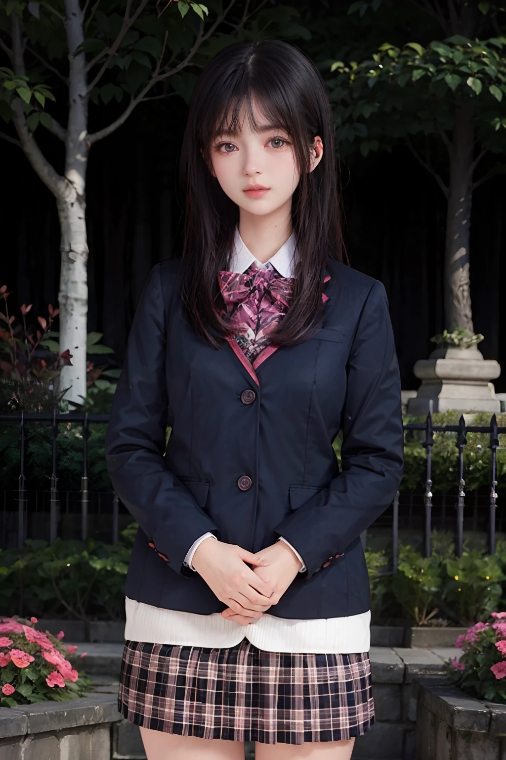 masterpiece, best quality, 1girl, nogizaka_costume, cowboy shot, thighs, 25 year old, flowers, many small petals, garden, blue sky, looking at viewer, small waist, official art, raw photo, incredibly absurdres, facelight, dynamic lighting, cinematic lighting, ultra realistic, highres, photography, sharp focus, highest detailed, extreme detailed, ultra detailed, finely detail, extremely detailed eyes and face