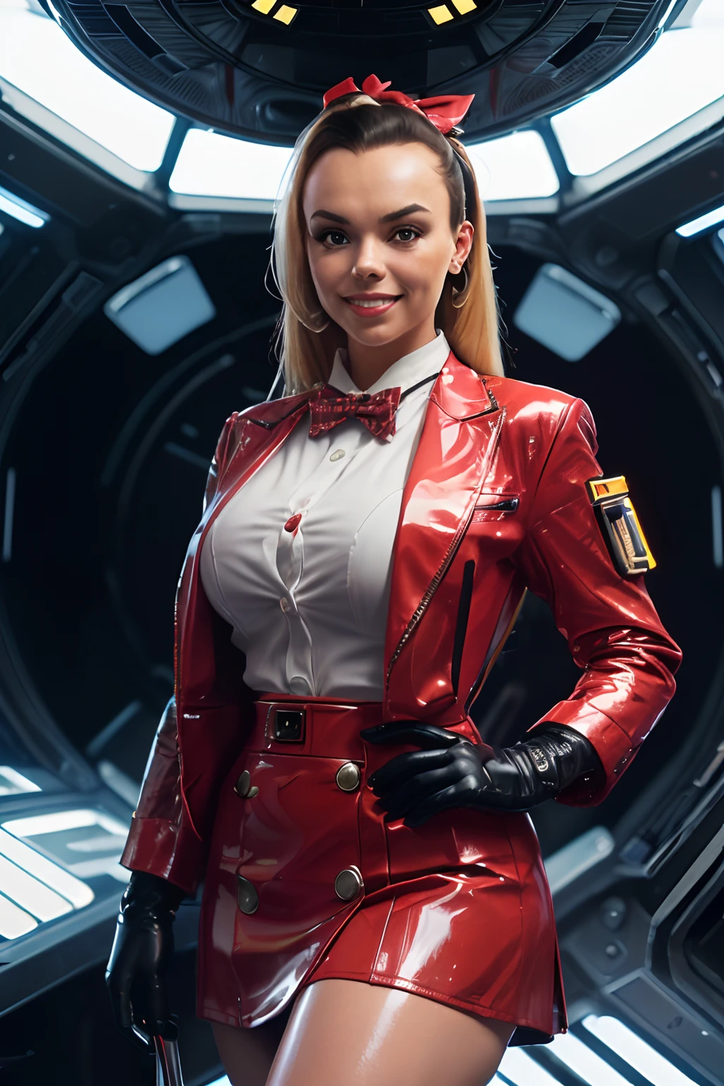 8k, ARTISTIC photography, best quality, masterpiece: 1.2), (realistic, photorealistic: 1.37)` Movie still from 2001: A Space Odyssey movie directed by (Stanley Kubrick), (cyberpunk girl ), (((Olivia Rodrigo))) , (half smile) , beautiful body, voluptuous body, thick thighs, (( red latex blazer, red school skirt, gloves, loafers, bowtie, (((over-detailed clothing))), ((syd mead)), IN A realistic futuristic space station.. background,
