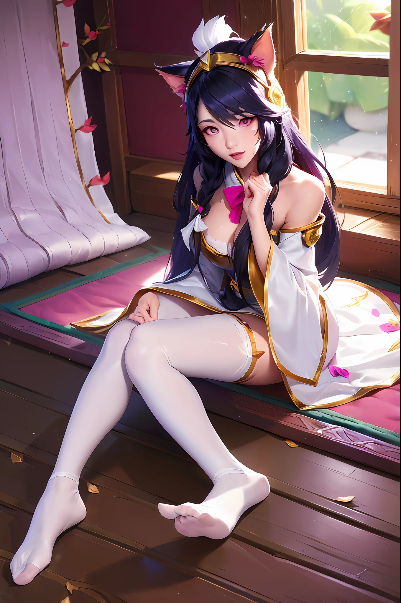 (League of Legends:1.5), wariza,(masterpiece:1.2),best quality,a girl,(long_hair),(black_hair),(white chinese clothes,cwhite hina dress,),(ribbon-trimmed sleeves),medium breast,cross white headdress,sitting on the bed,bedroom,full body,looking at viewer,beautiful eyes,detailed eyes,smile,(cat ear girl:1.1),nekomusume,(pink eyes),bare feet,(white pantyhose),
window sill,flowers and plants,bare branches,pillow, autumn,lovely,
[((Delicate arms and hands), 🖐): :20],Normal hands,