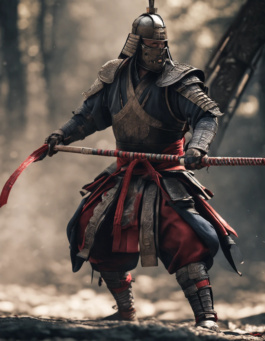 japanese samurai, arte conceitual, Directed by: Kishi Ganku, arte de fantasia, Fundo do templo zen, clean render, wearing light period clothing, without any props on the head, detailed bushido form smoke, character is standing, in fighting position, 8k realista, in game render, detalhe detalhado do fundo do rosto, Art Station home page, boi, pseudo - fantasia medieval, Formidable warrior, tudo contra um escuro, smoky scenery suggestive of a battle scene, lending a sinister aura to your persona.
