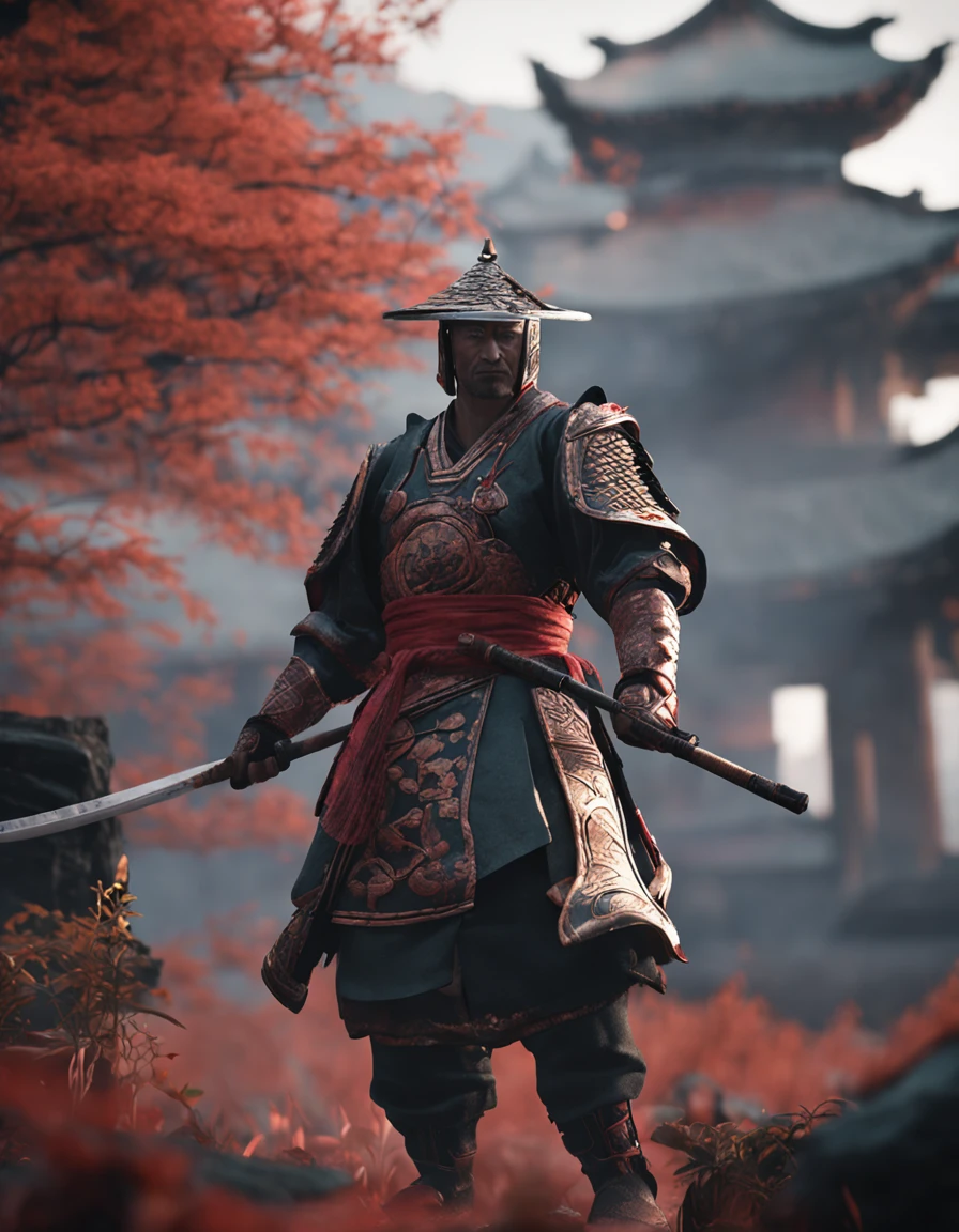 japanese samurai, arte conceitual, Directed by: Kishi Ganku, arte de fantasia, Fundo do templo zen, clean render, wearing light period clothing, without any props on the head, detailed bushido form smoke, character is standing, in fighting position, 8k realista, in game render, detalhe detalhado do fundo do rosto, Art Station home page, boi, pseudo - fantasia medieval, Formidable warrior, tudo contra um escuro, smoky scenery suggestive of a battle scene, lending a sinister aura to your persona.