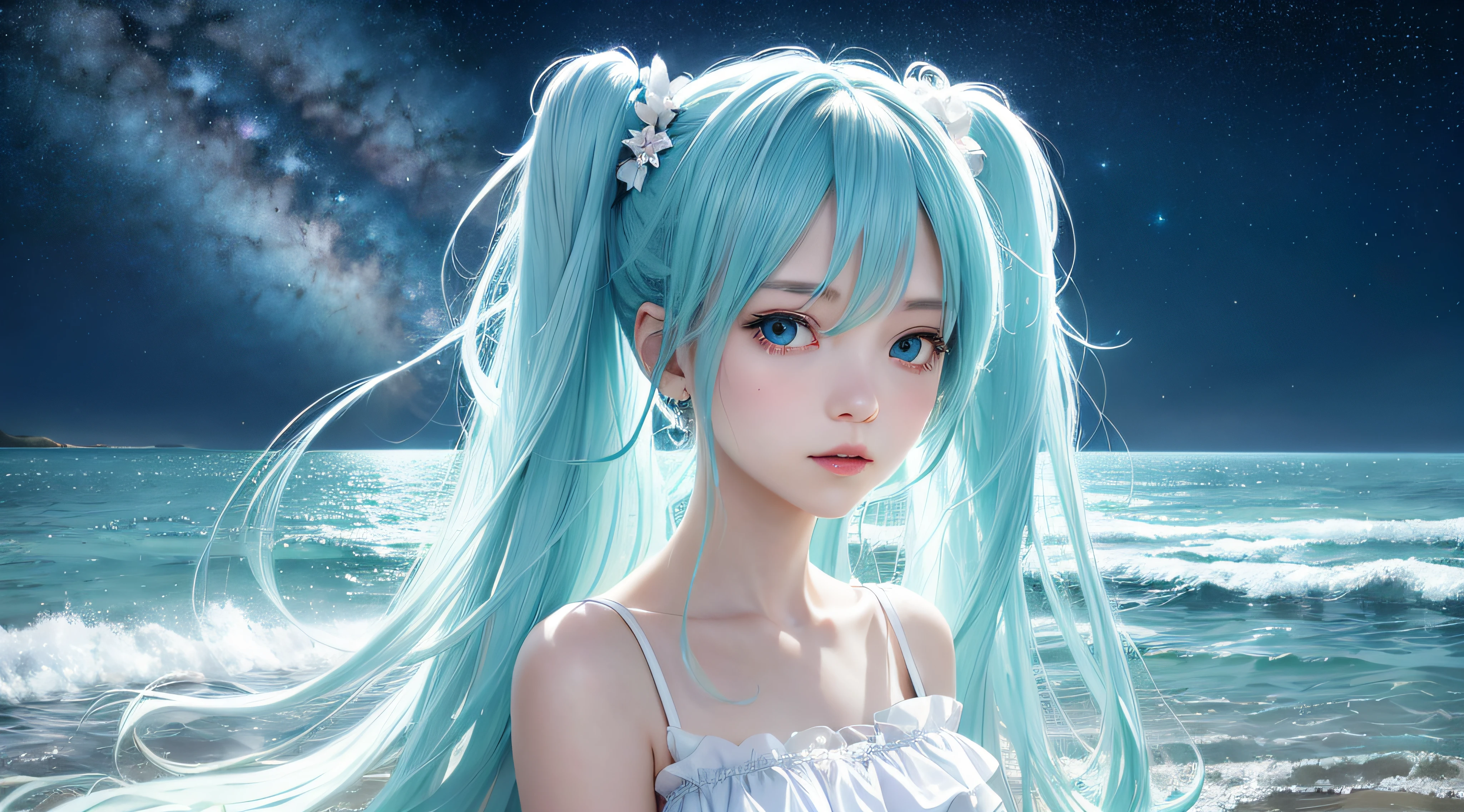 hatsune miku, white dress, aquamarine hair, aquamarine eyes, soothing tones, muted colors, high contrast, (natural skin texture, hyperrealism, soft light, sharp), starry sky, moonlight, 1 girl, high details, masterpiece, finely detailed beautiful eyes: 1.2, walking on beach