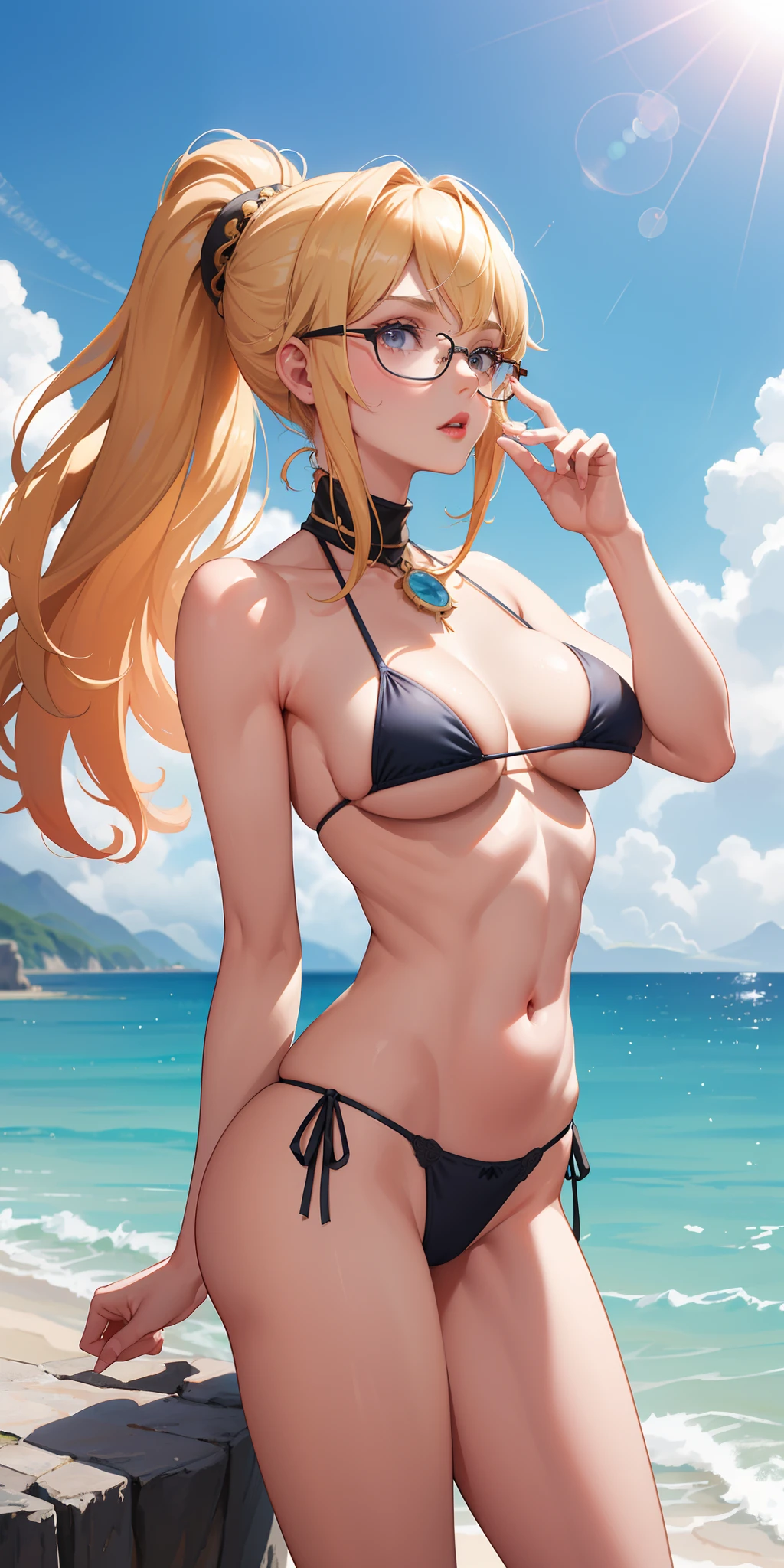 ((perfil)), (1girl), (un impresionante y hermoso Savannah Bond), (De pie en el mar), En foco, Foto, (fotorrealista), wide angle, Cara en el marco, (((Looking at camera))), contacto visual, seductor, ((Pucheros)), ((Micro bikini rosa y tanga)), (tetas enormes:1.8), Enorme escote:1.3, cintura delgada, ((culturista:1.5)), Abs, huge biceps:1.5, Enormes quads:1.5, Gafas de sol, Rellenos labiales:1.8, labios de silicona:1.8, red lipstik, blonde hair in a messy bun, Cara detallada, Cuerpo detallado, detailed muscles, Piel impecable, piel suave, Piel libre de imperfecciones, HDR, 8k, La mejor calidad, Detallado, hiper detalles, Kinematic, Detalles locos, Detalles intrincados, hiperdetallado, Hora dorada, Manos precisas, Dedos precisos