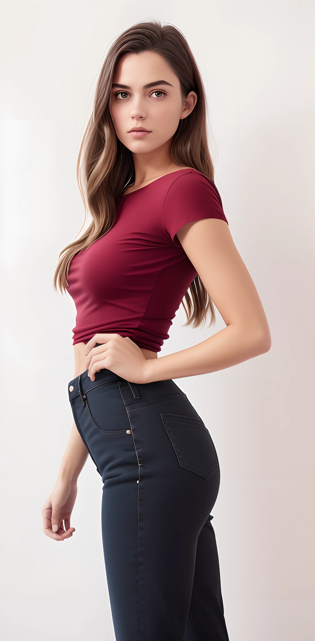 A woman in black jeans and a brown top, camisa apertada, usando roupas simples e apertadas, vestindo camisa apertada, roupa apertada, usando um top bonito, metade superior do corpo, usando um top cropped sexy, topo de corte, top bonito, camisa vermelha, tiro de corpo fechado, 2 Modelo feminina de 4 anos, thicc, roupas casuais, tiro do meio cintura para cima, traje apertado fotografia realista, fotografia, obra-prima, realista, Realismo, renderizado, Alto contraste, Arte Digital, fotográficorealista, trend in Artstation 8k HD, high definiton, circunstanciado, Realistic, detalhada, textura da pele, hiperdetalhada, Textura realista da pele, melhor qualidade, ultra high-resolution, (fotografia realista: 1.4), alta resolução, detalhada, fotografia crua, Crisp resolution, Nikon d850 filme, fotografia de stock 4, Kodak Portra 400 Camera F1 Lens.6, textura hiper realista, lighting dramatic, Unrealistic trend in Artstation Cinestill 800, RAW.
