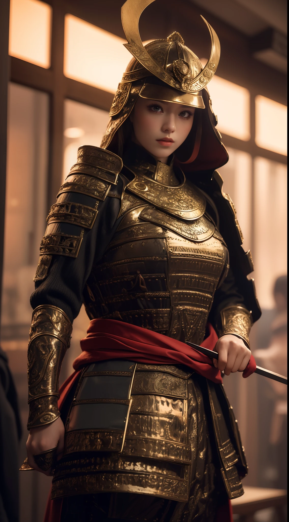 ((masutepiece))), ((Best Quality)), ((ultra-detailliert)), (Surreal), (High Definition CG Illustration), Cinematic Light, Realistic, Very beautiful young lady, Sexy, Big breasts, Light makeup,, Intricate details EABA, red cloak, spear