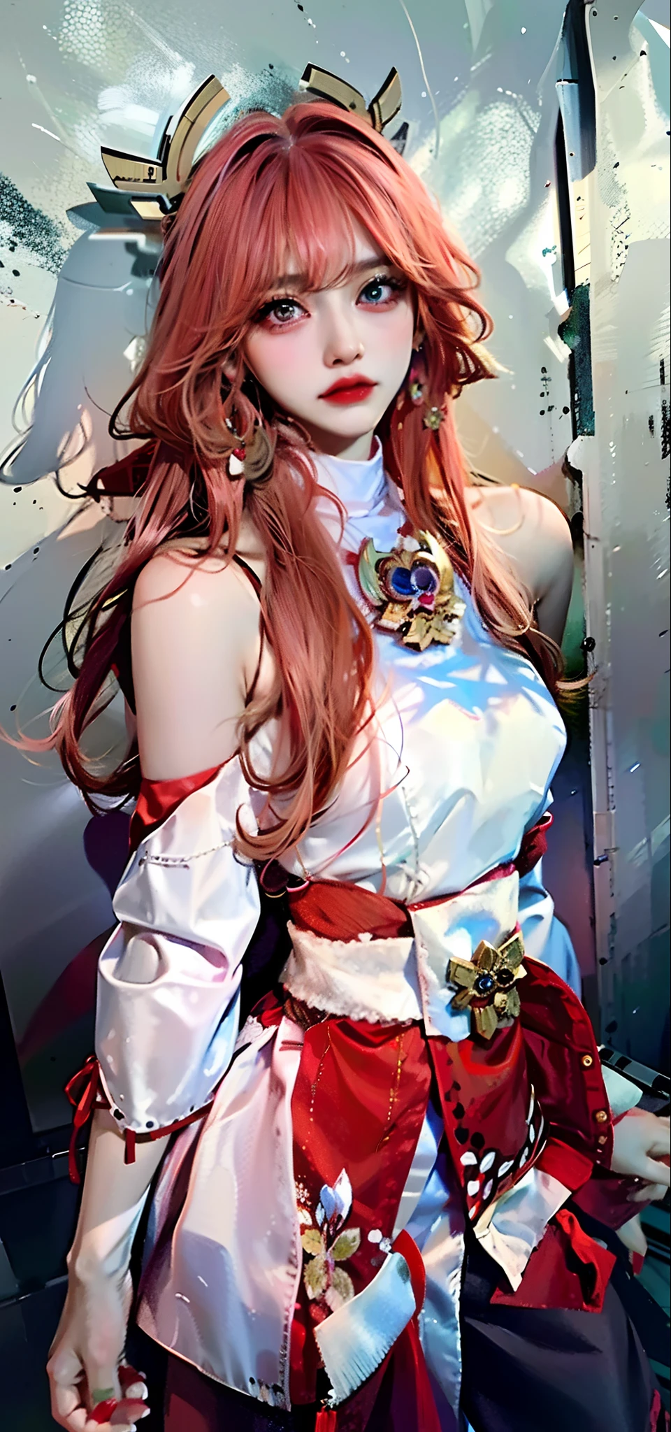 (Masterpiece, Superb Piece, 1Girl, Solo, Intricate Detail, Color Aberration), Realism, ((Medium Breath)), Off-the-Shoulder, Yae Miko, Long Pink Hair, Red Headdress, Red Highlight, Hair Above One Eye, Green Eyes, Earrings, Sharp Eyes, Perfect Symmetrical Figure, Choker, Neon Shirt, Against a Wall, Brick Wall, Graffiti, Dim Lights, Alley, Looking at the Audience, ((Mean, Seductive, Glamorous)), Yoga Pants, Shorts, Hot Pants,