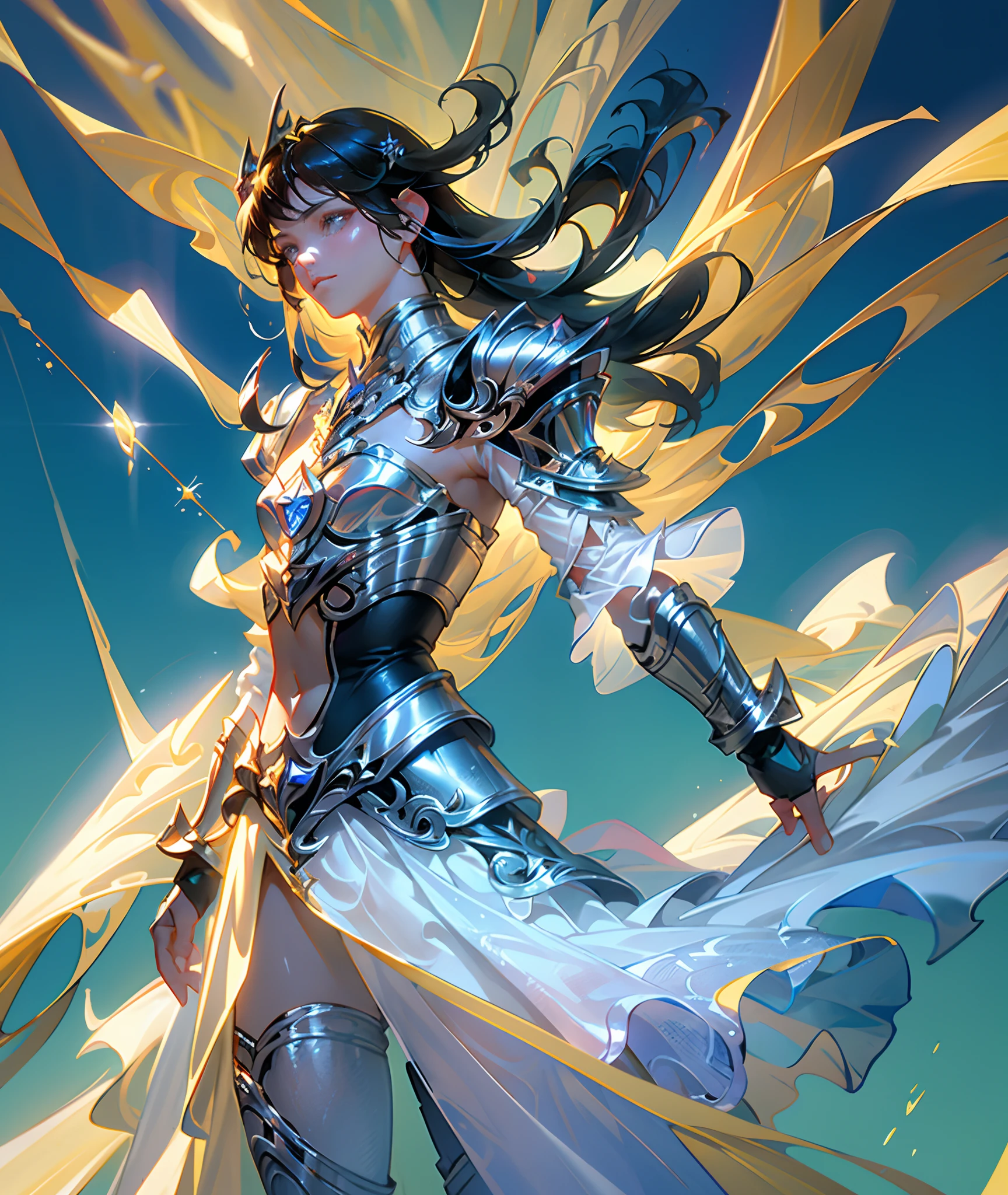 Ultra-high saturation，（tmasterpiece）， fully body photo，（best qualtiy）， （1girll）， starryskybackground，Wearing shiny gold armor， Sexy lingerie type armor，Expose your chest，Expose the waistline，Exposing thighs，cool-pose， Saint Seiya Armor， messy  hair，high detal, Anime style, Cinematic lighting, Sparkle, god light, Ray traching, filmgrain, hyper HD, textureskin, super detailing, Anatomical correct, A high resolution，Ultra-high saturation，hight contrast，High-gloss armor，Smooth skin，Serious expressions,Dark room,
