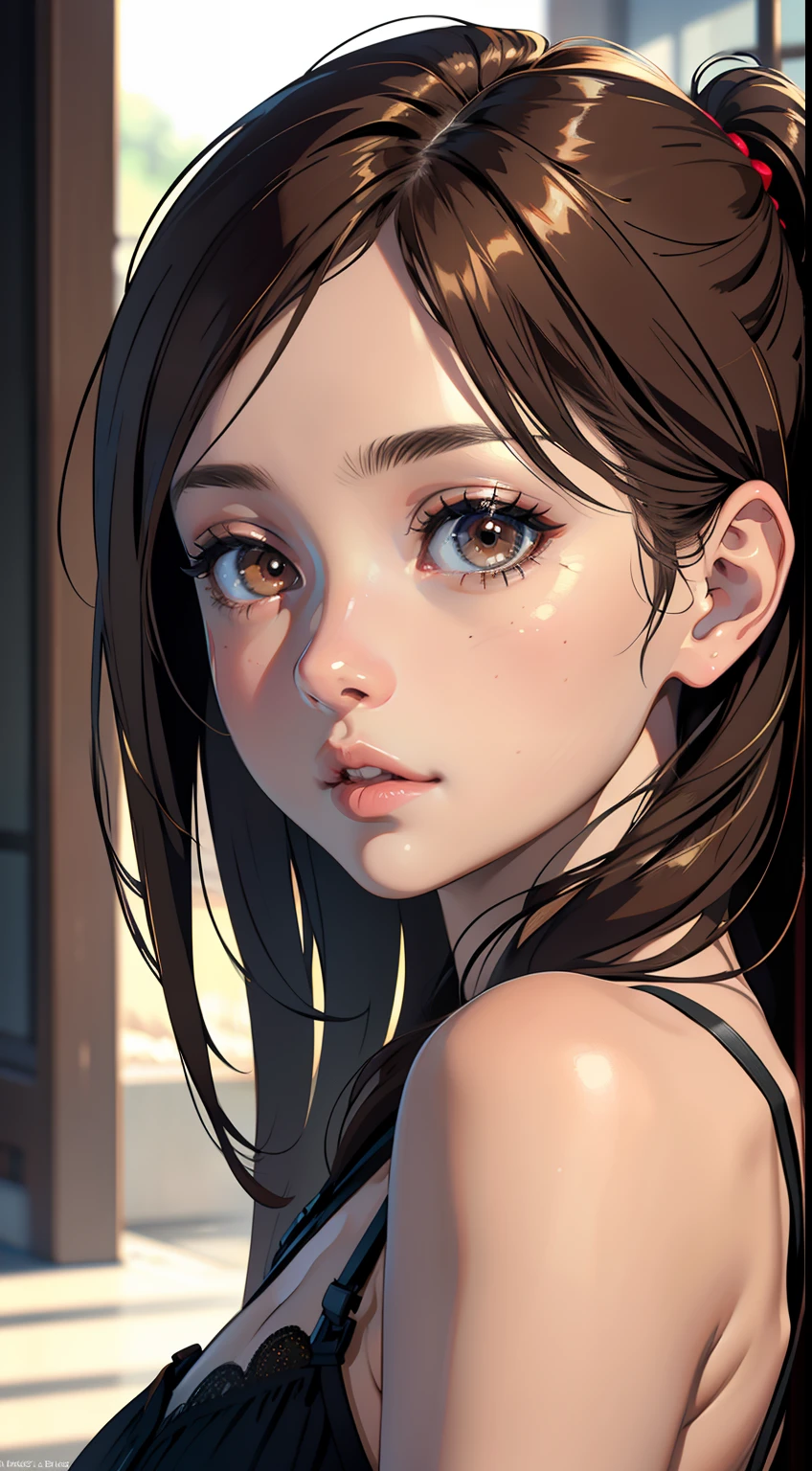 best quality, masterpiece, (realistic: 1.2), 1 girl, brown hair, brown eyes, front view, detailed face, beautiful eyes