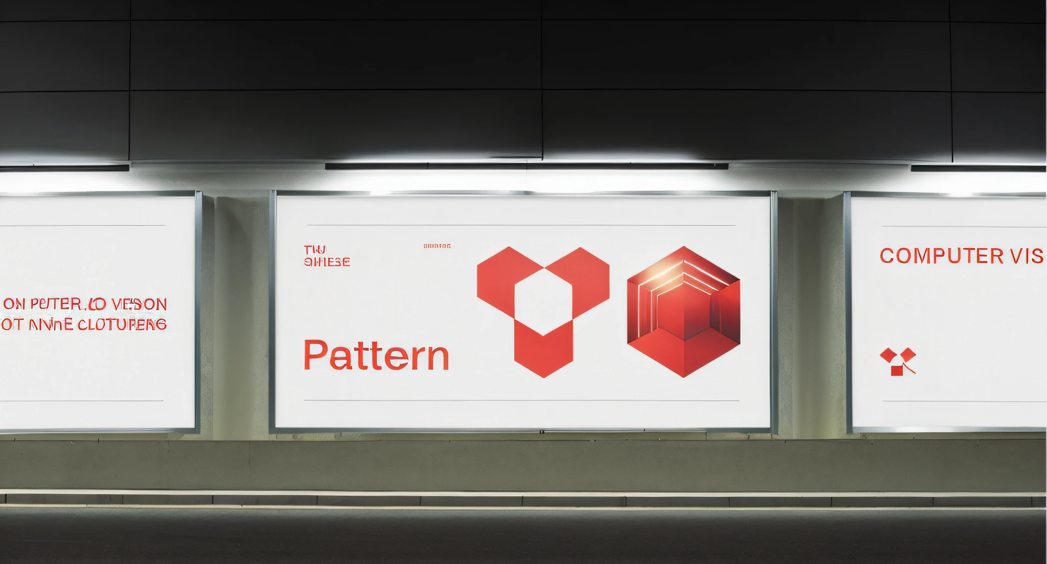 There are three billboards on the wall of a building, tech pattern, symmetrical pattern, repeating pattern, outdoor comercial