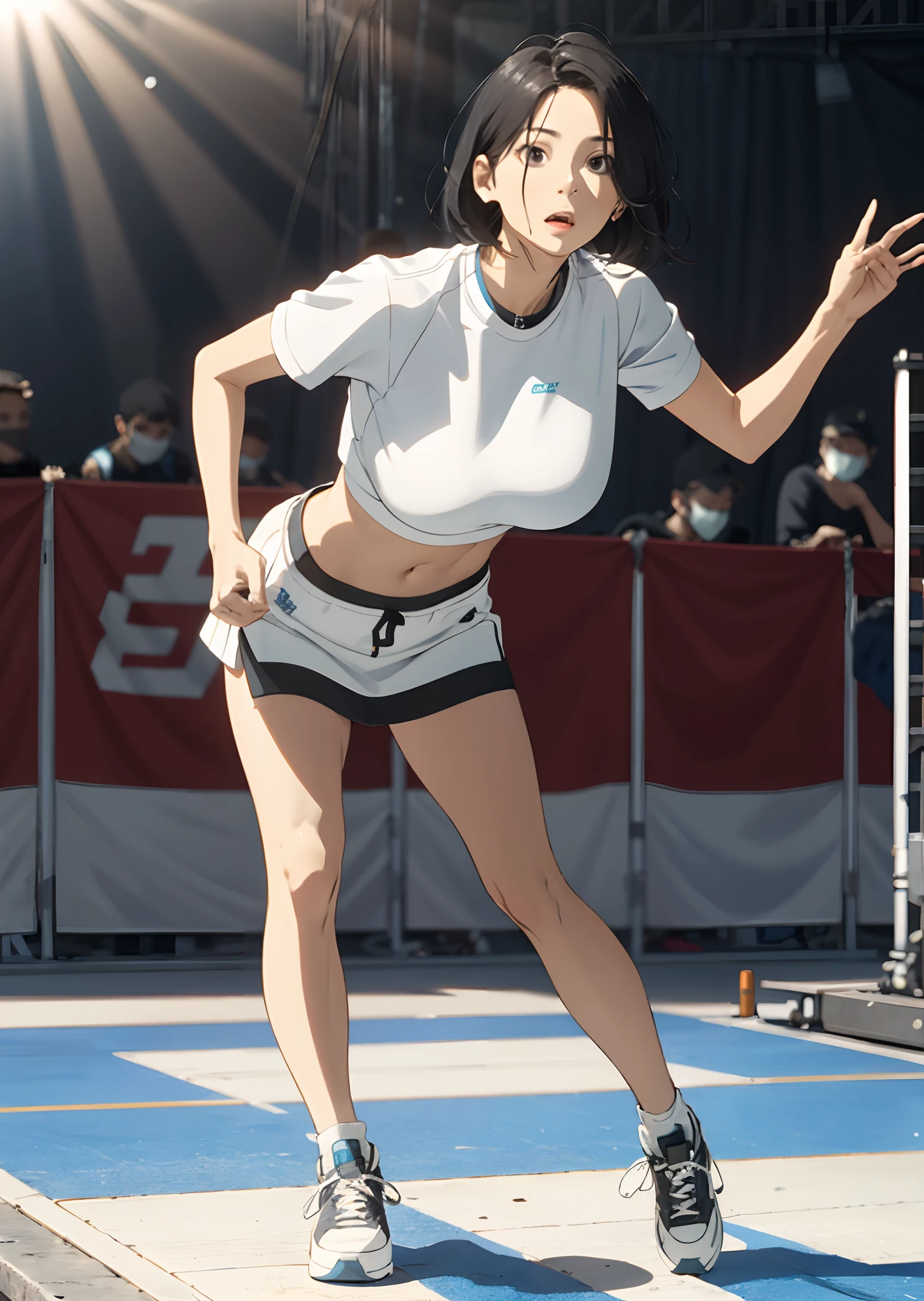 White miniskirt Black eyes Short black hair Shiny skin Looking at the audience Big breasts Sneakers Standing in the sun Showing the navel