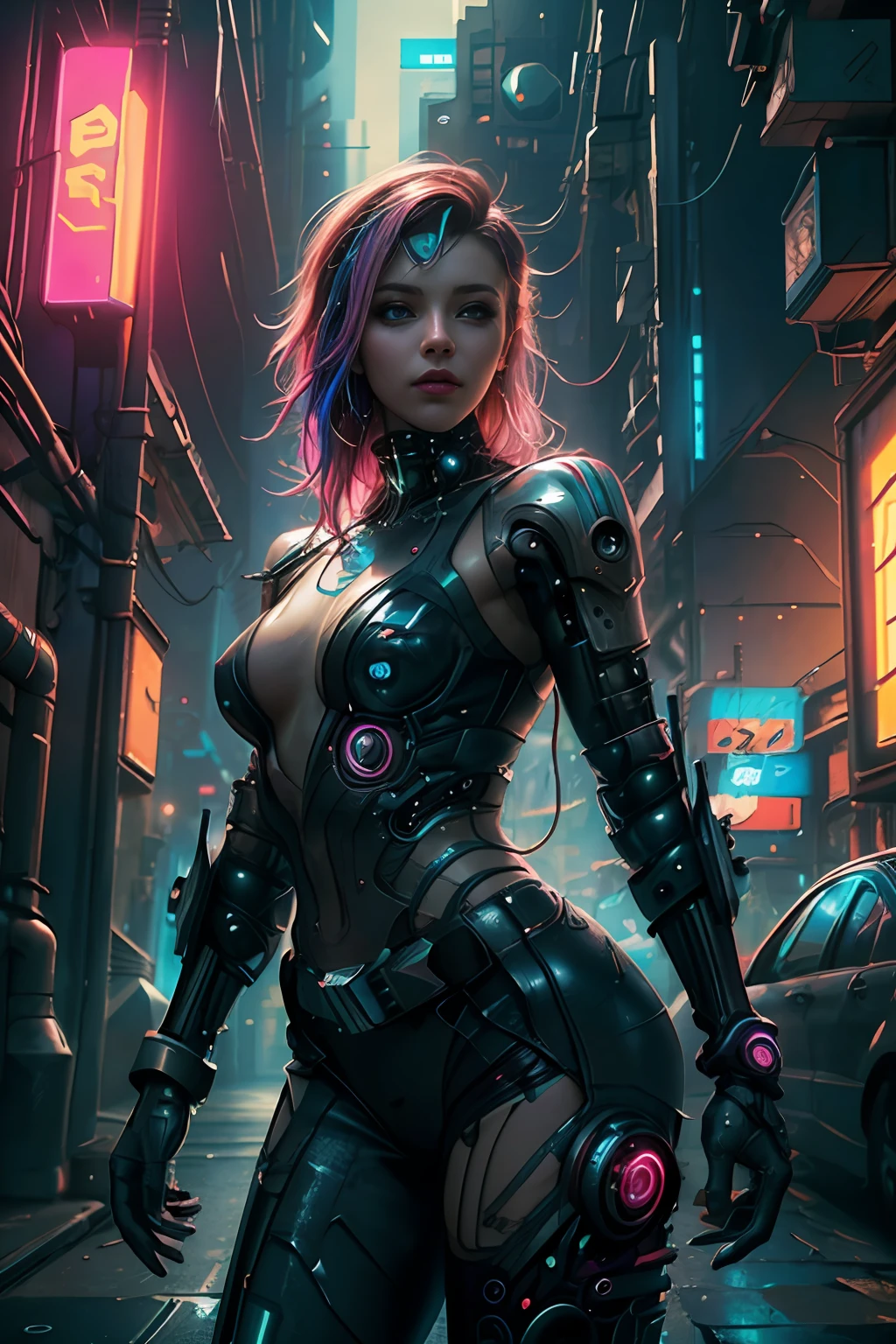 (Photorealistic:1.4) image of a cyber punk girl, (top-quality, 8K, 32K, masterpiece), (dynamic pose), ((facing camera)), (looking at camera), cowboy shot, shapeless hair, colorful hair, colorful cyberpunk clothing, depth of field f/1.8, cyberpunk city background, cinematic lighting.