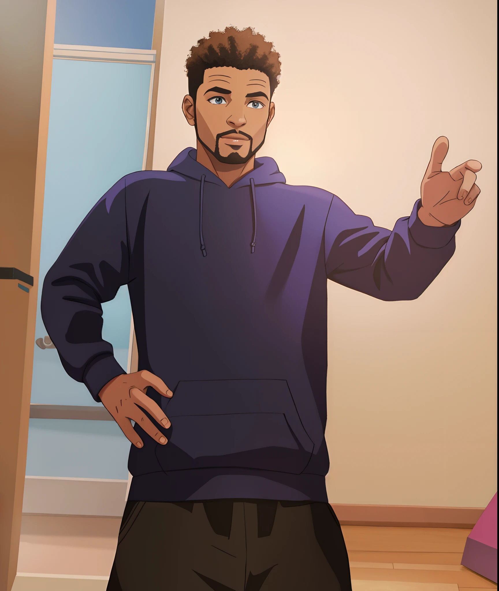 turn this photo to cartoon style, black man, blue hoodie