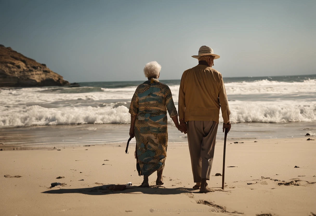 uma praia deserta, there is an old man and an old woman, eles formam um casal, ambos caminhando, admirando a vista, rugas, vem velhos, acabados, cabelos brancos, best ilumination, felizes, felicidade, sol da manha