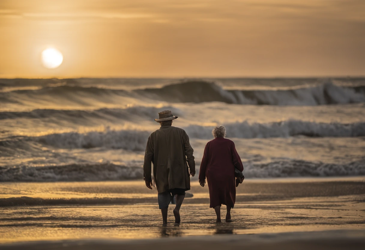 uma praia deserta, there is an old man and an old woman, eles formam um casal, ambos caminhando, admirando a vista, rugas, vem velhos, acabados, cabelos brancos, best ilumination, felizes, felicidade, sol da manha