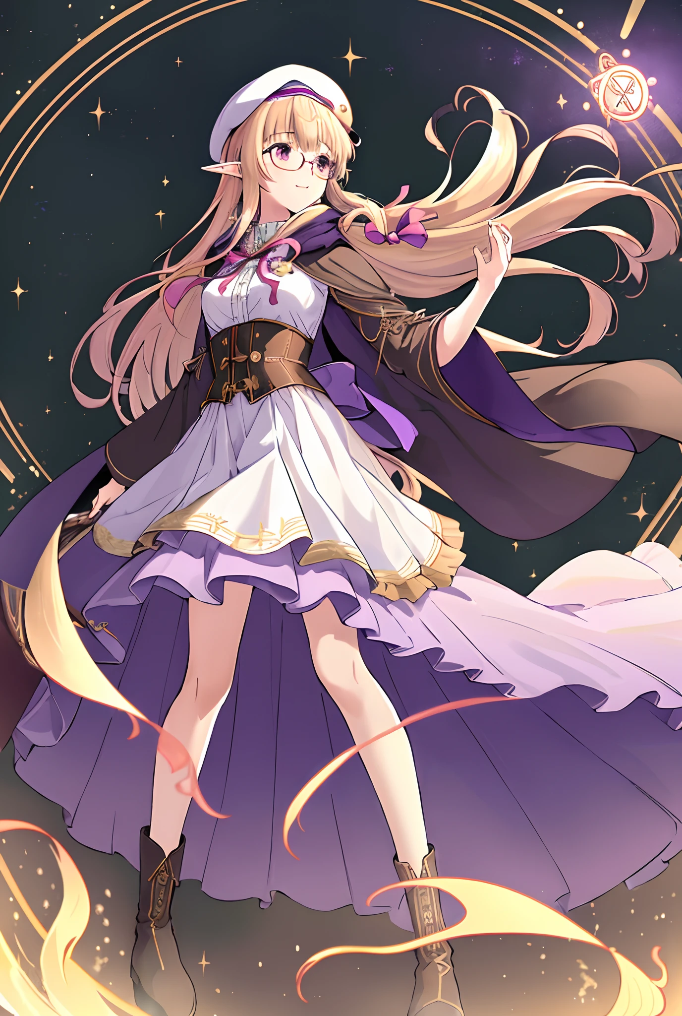 ((extremely detailed CG unity 8k wallpaper)), masterpiece, ultra-detailed, floating, high resolution, (small breasts, slender, "absurdly long golden hair with bangs tied low with a ribbon", purple eyes, glasses, wizard, elf ears, princess, [[("ornate layered purple corset dress with gold embroidery and long open sleeves with a long pleated frilled skirt and petticoat")]], beret with a ribbon, long cloak with a ribbon, riding boots, magic circle, dynamic pose, floating, library,