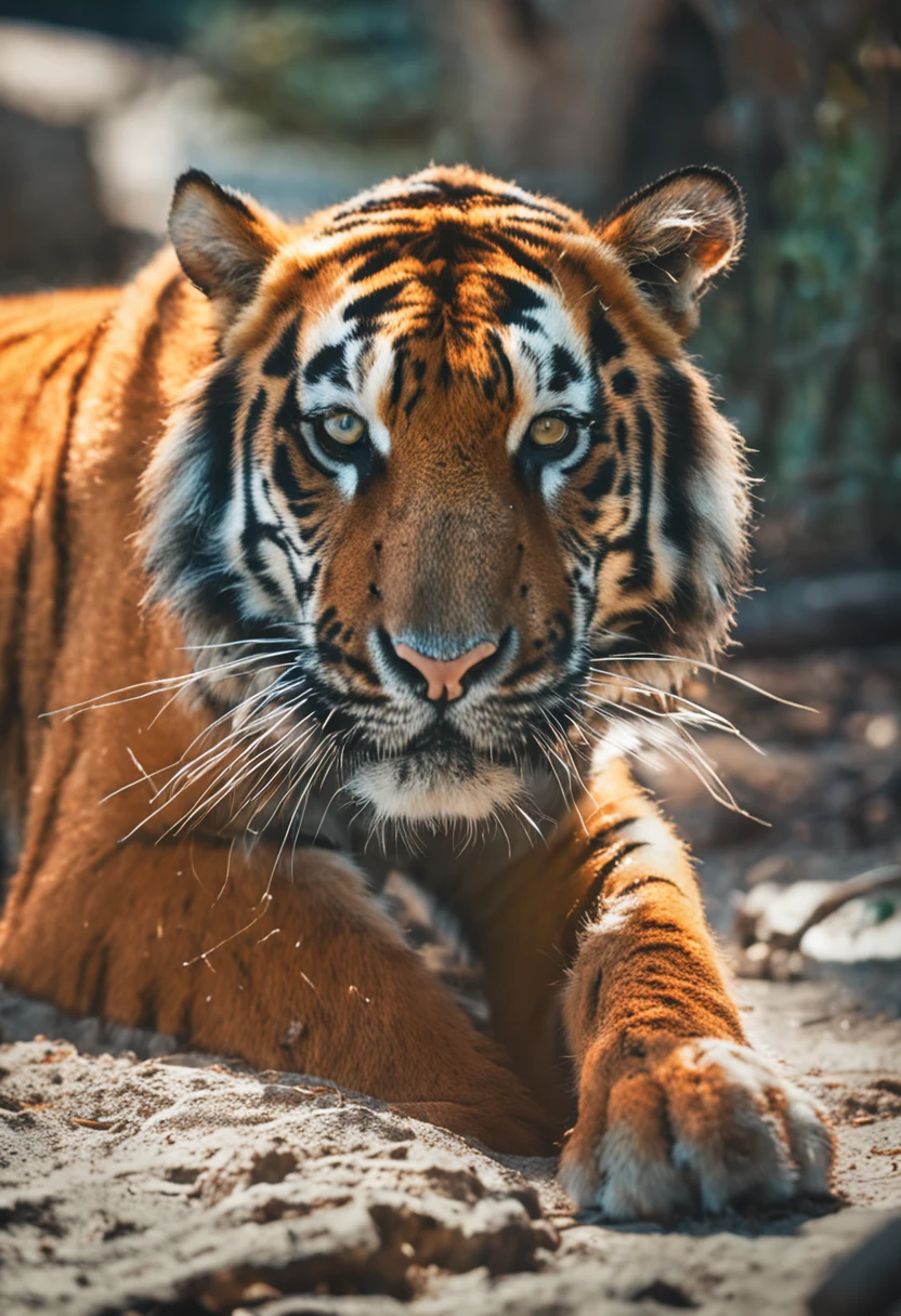 tiger looking at the camera, com fones de ouvido e fundo laranja