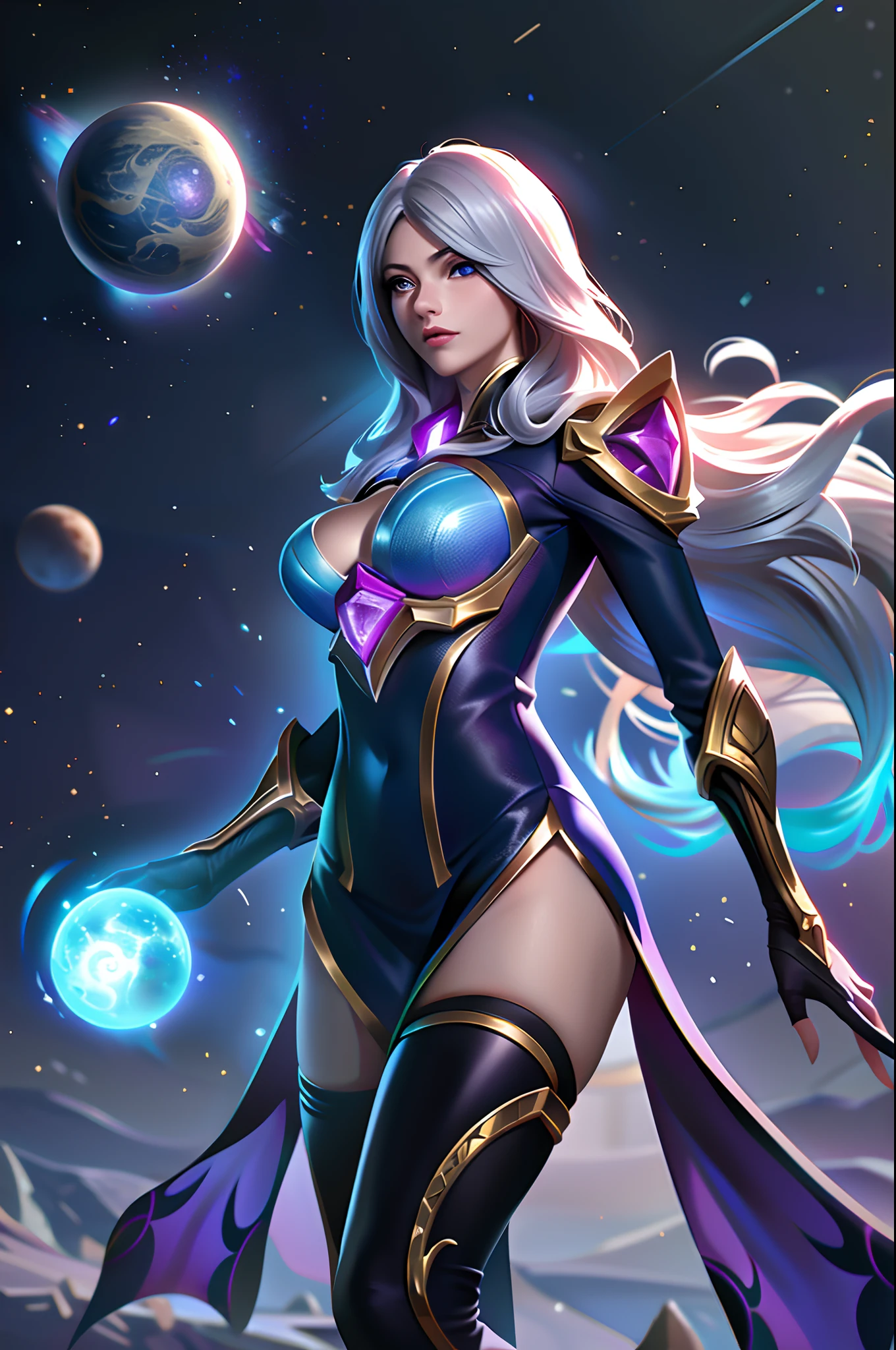 (League of Legends:1.5),Astrid, the Graviton Slinger, is depicted in her splashart as a powerful and enigmatic force, wielding her gravitational manipulation abilities with mastery. The scene takes place in a celestial realm, where stars and cosmic energy illuminate the vastness of space.

Astrid possesses an otherworldly beauty, with flowing silver-white hair that seems to shimmer with the brilliance of distant stars. Her skin has a faint celestial glow, radiating with the power she commands. She wears a sleek, futuristic suit adorned with intricate patterns that resemble constellations and gravitational fields. The suit hugs her figure, emphasizing her strength and agility.

In the center of her palms, Astrid generates orbs of gravitational energy, each pulsating with vibrant hues of purple and blue. These energy orbs form the foundation for her gravitational abilities. Surrounding her, smaller orbs and filaments of energy spin and orbit, representing the gravitational fields she creates and manipulates.

Astrid's eyes emit an intense, piercing gaze, glowing with the same gravitational energy that courses through her. Her expression conveys both focus and determination, revealing her unwavering control over the forces she wields.

The backdrop of the splashart showcases the vast expanse of space, filled with distant galaxies and nebulae. Ethereal strands of gravitational energy weave through the cosmos, forming intricate patterns and connecting celestial bodies. The scene creates a sense of awe and wonder, as Astrid harnesses the fundamental forces of the universe.

The color palette is dominated by deep purples, blues, and blacks, reflecting the cosmic nature of Astrid's powers. The vibrant energy orbs stand out against the dark backdrop, adding a dynamic and captivating element to the splashart, splashart, linhas de corpo, cores vibrantes, detalhes requintados, cinemactic, artstation, rosto detalhado, por rossdraws, por Kienan Laf,normal hands,holding ball,