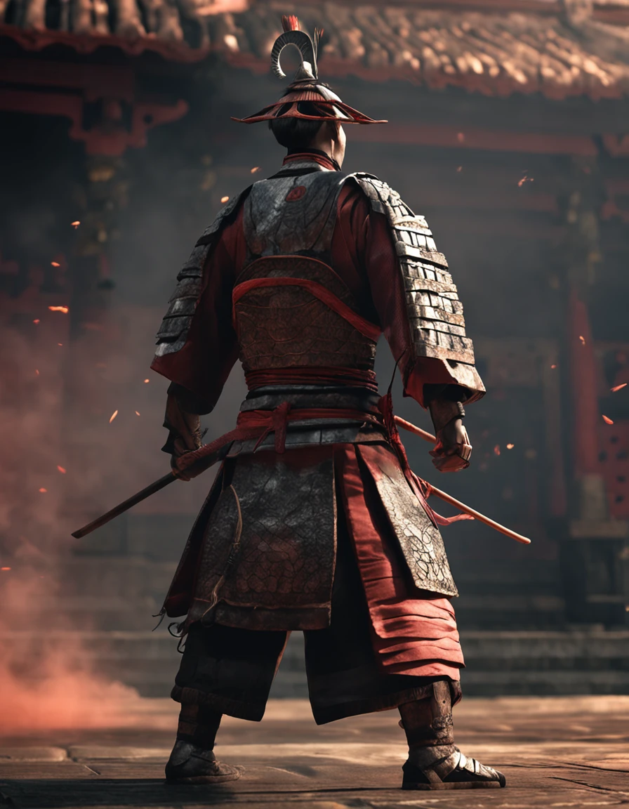 japanese samurai, arte conceitual, Directed by: Kishi Ganku, arte de fantasia, Fundo do templo zen, clean render, vestindo roupa quimono preto, without any props on the head, detailed bushido form smoke, character is standing, in fighting position, 8k realista, in game render, detalhe detalhado do fundo do rosto, Art Station home page, boi, pseudo - fantasia medieval, Formidable warrior, tudo contra um escuro, smoky scenery suggestive of a battle scene, lending a sinister aura to your persona.